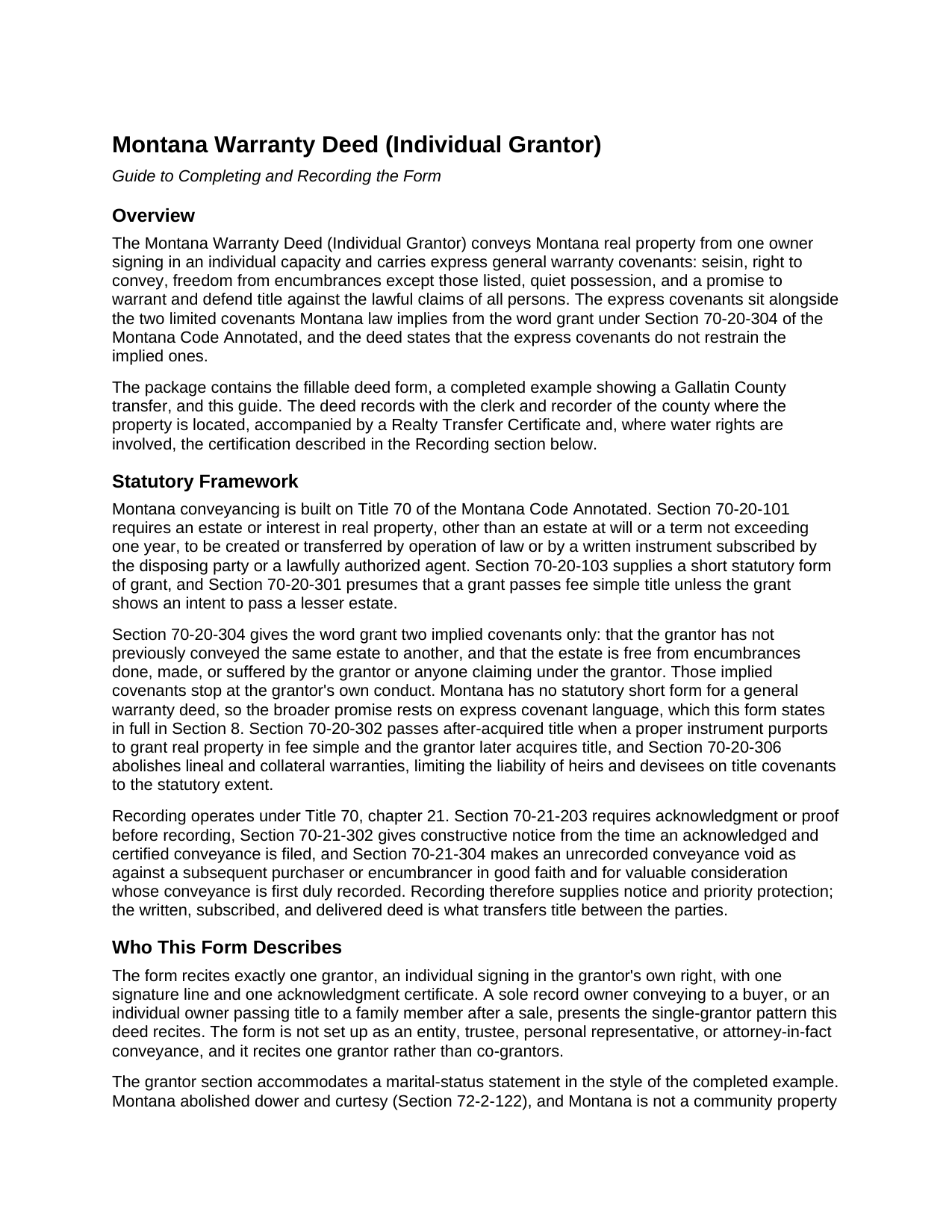 Flathead County Warranty Deed (Individual Grantor) Guide