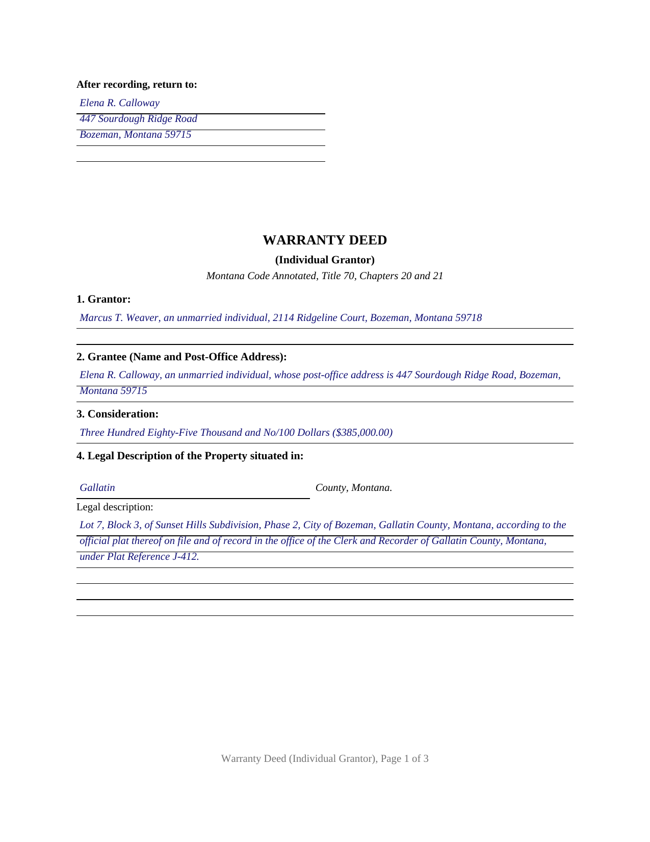 Flathead County Completed Example of the Warranty Deed (Individual Grantor) Document