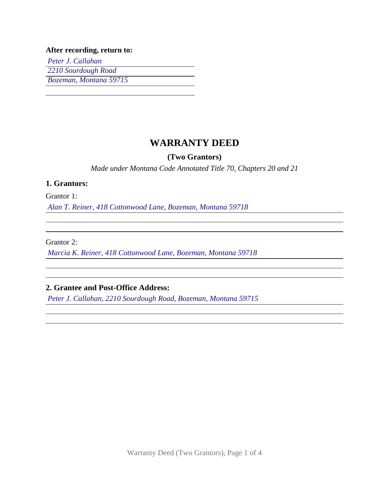 Dawson County Completed Example of the Warranty Deed (Two Grantors) Document