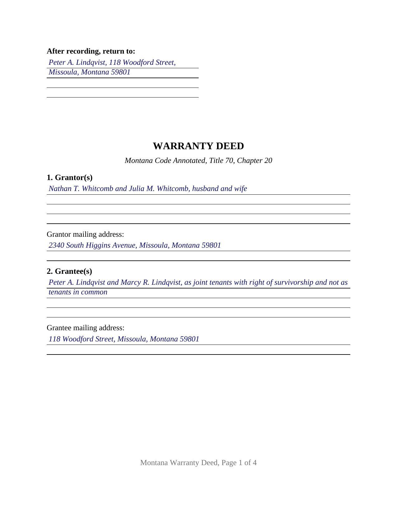 Hill County Completed Example of the Warranty Deed Document