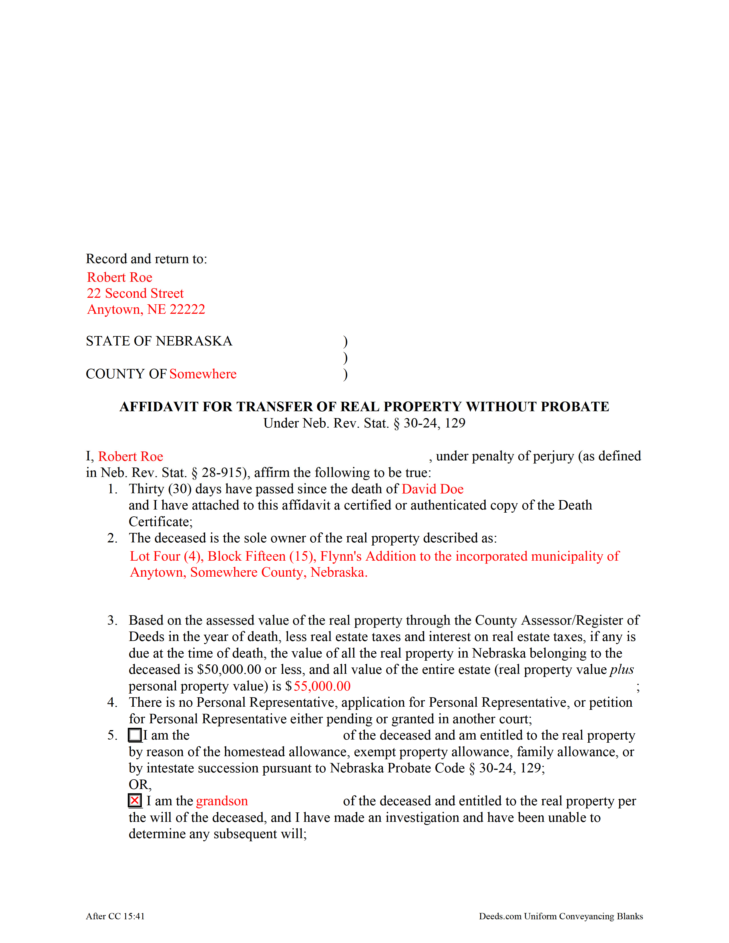 Saunders County Completed Example of the Affidavit of Transfer of Real Property w/o Probate Document