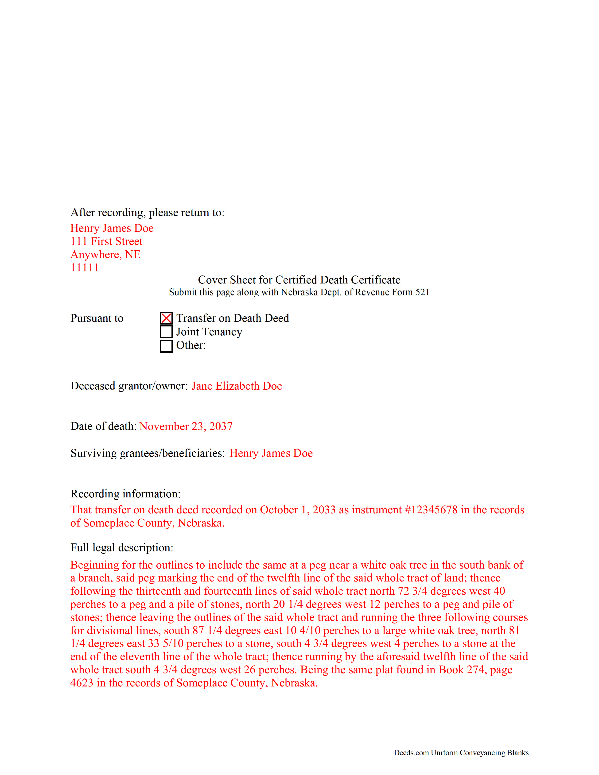 Completed Example of the Affidavit of Death Document