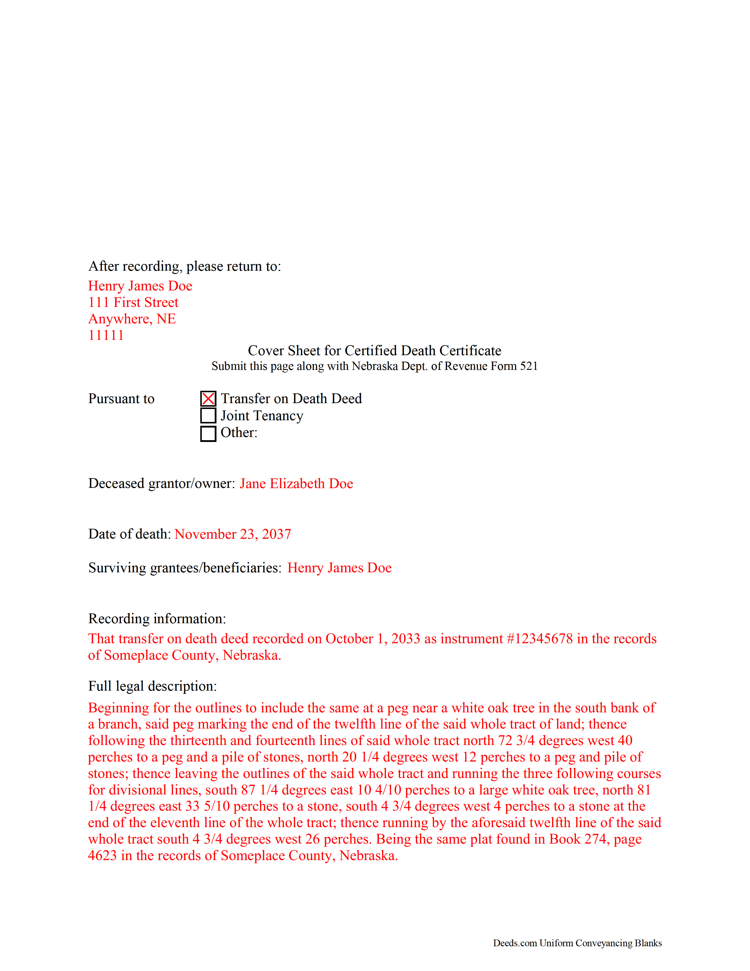 Madison County Completed Example of the Affidavit of Death Document