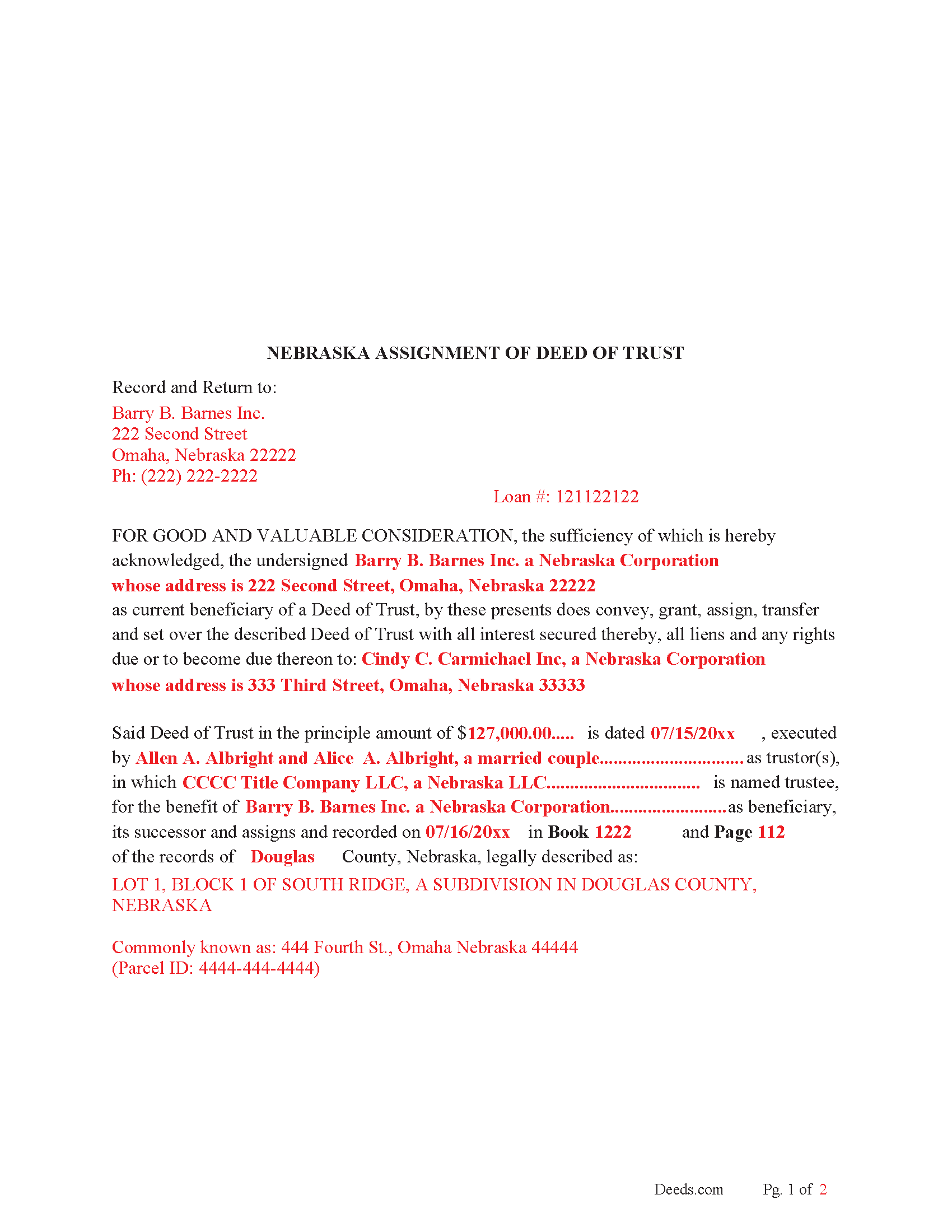 Completed Example of the Assignment of Deed of Trust Document