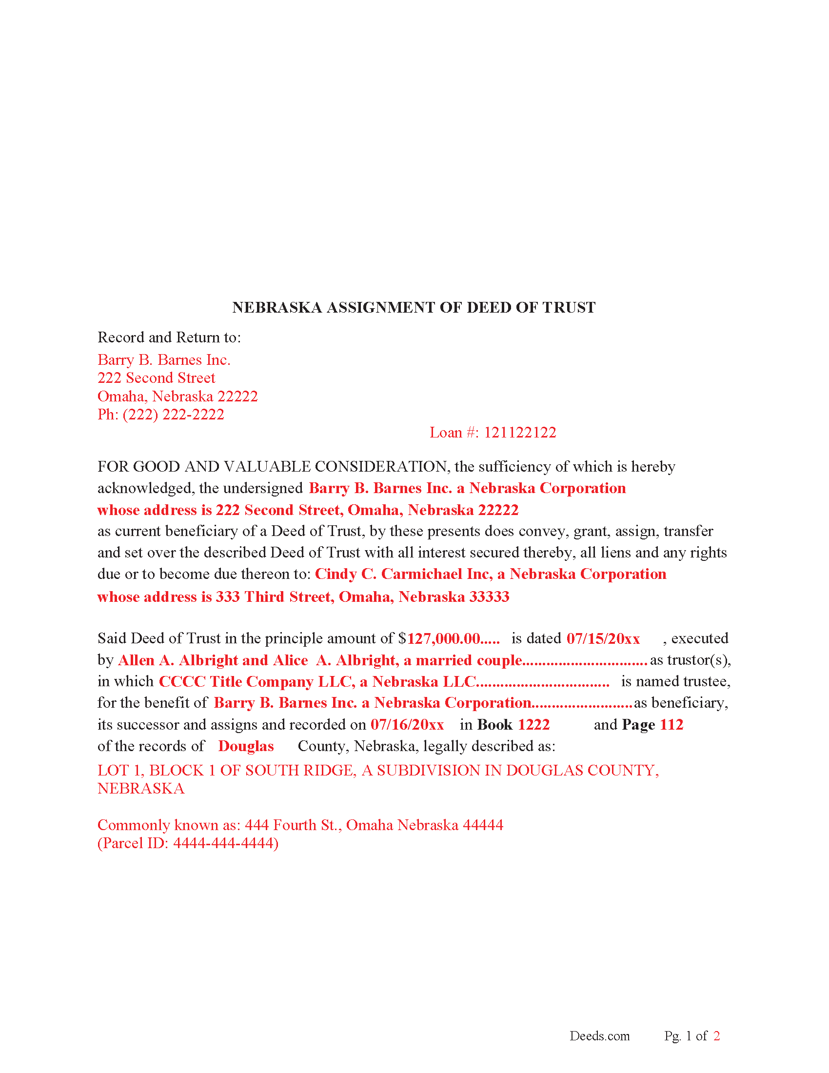 Cuming County Completed Example of the Assignment of Deed of Trust Document
