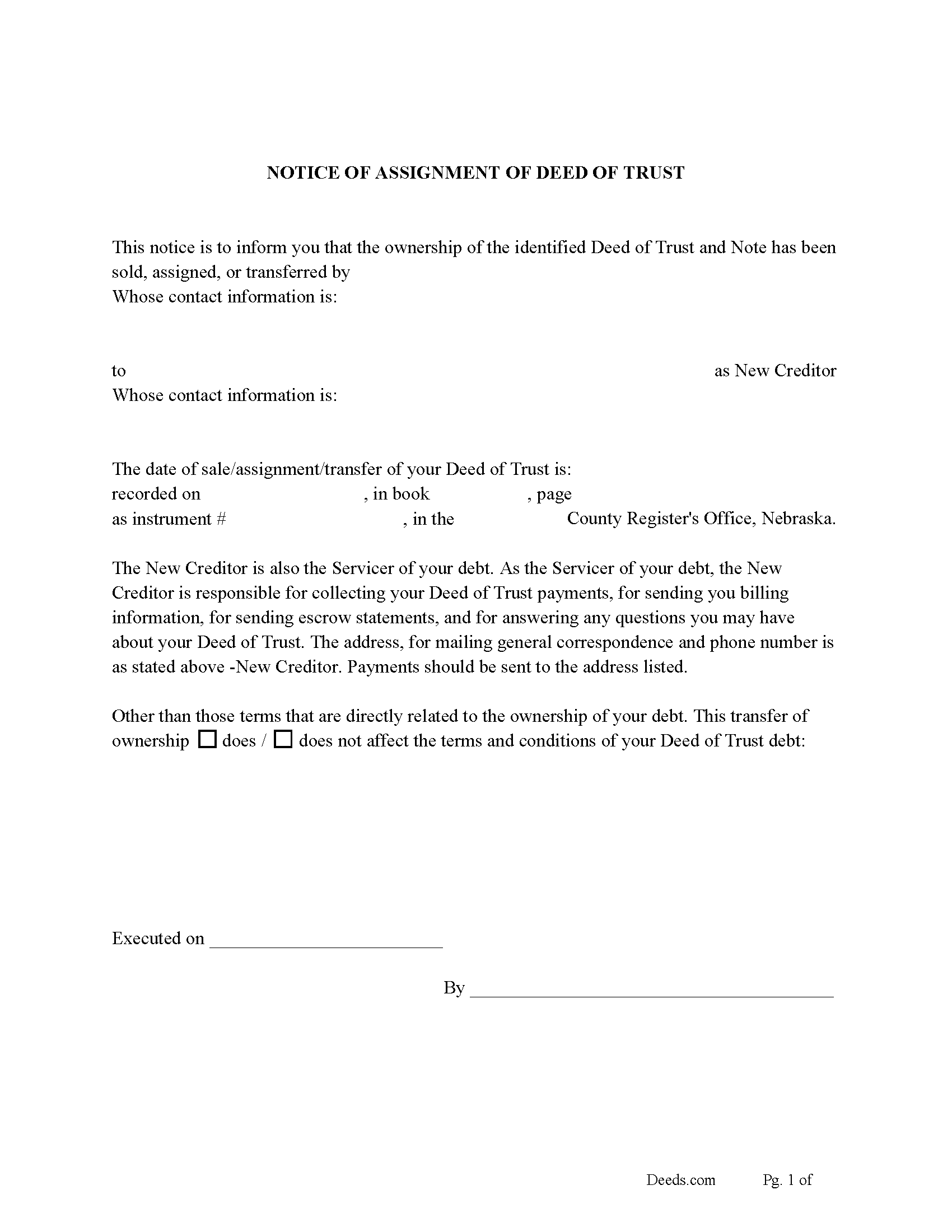 Cuming County Notice of Assignment of Deed of Trust Form