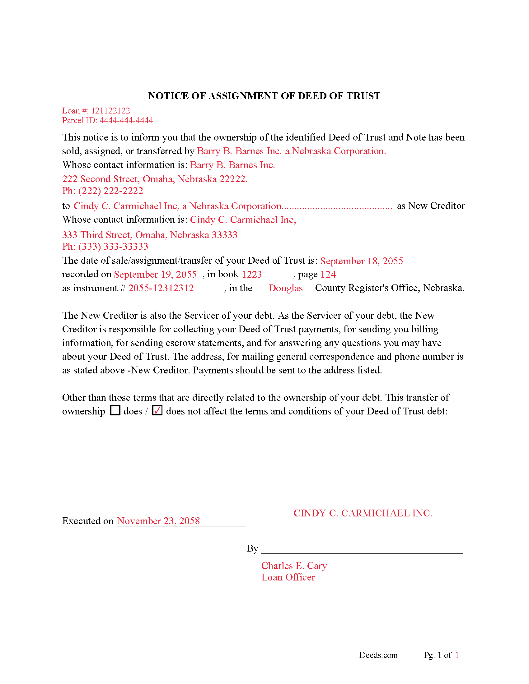 Cuming County Completed Example of Notice of Assignment Document