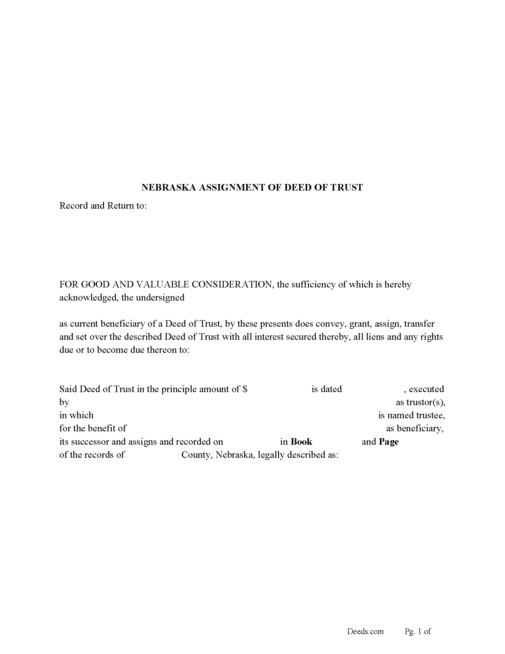Cuming County Assignment of Deed of Trust Form