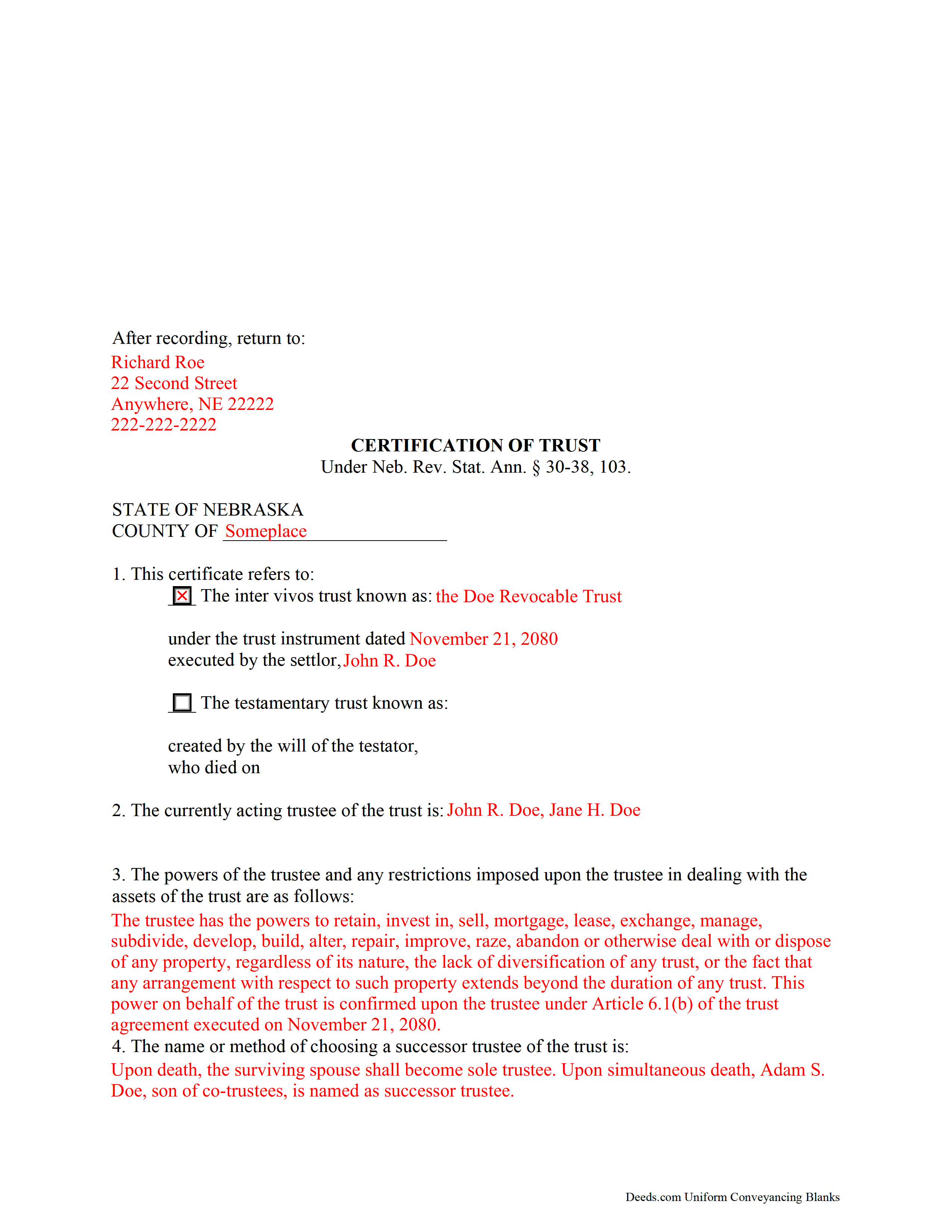 Knox County Completed Example of the Certificate of Trust Document