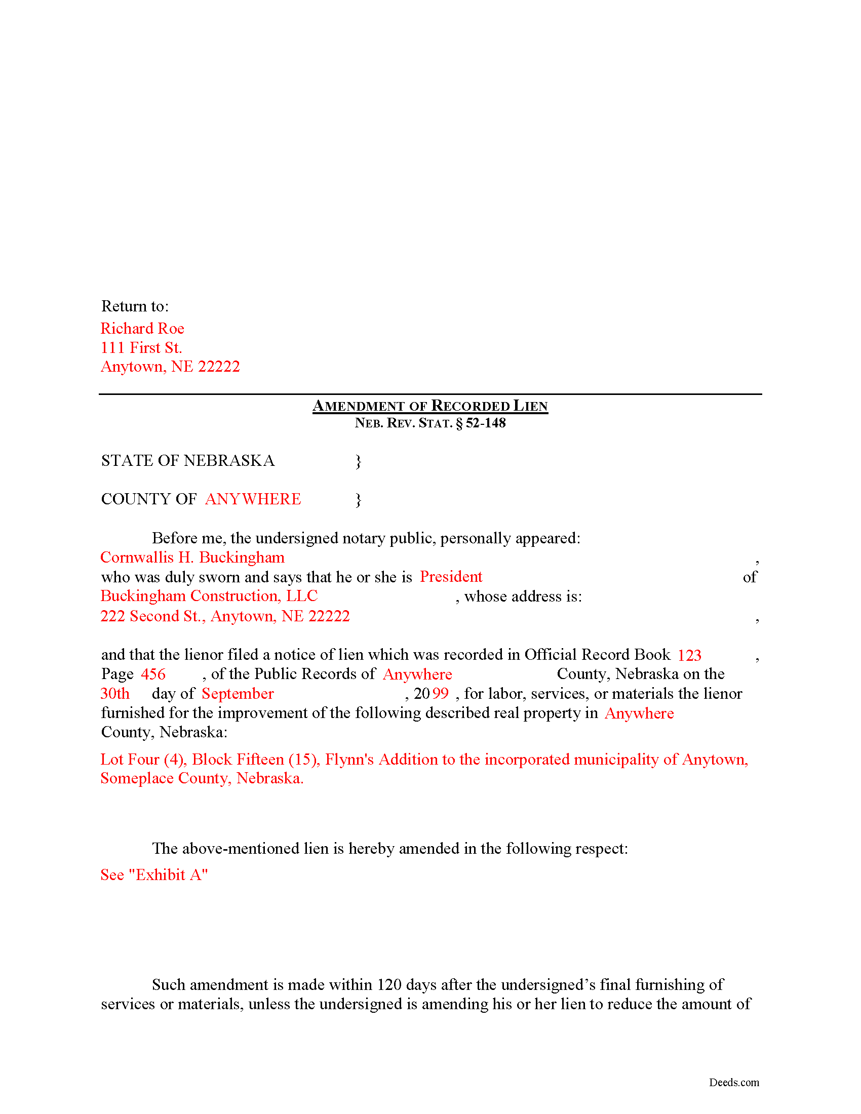 Completed Example of the Construction Lien Amendment Document