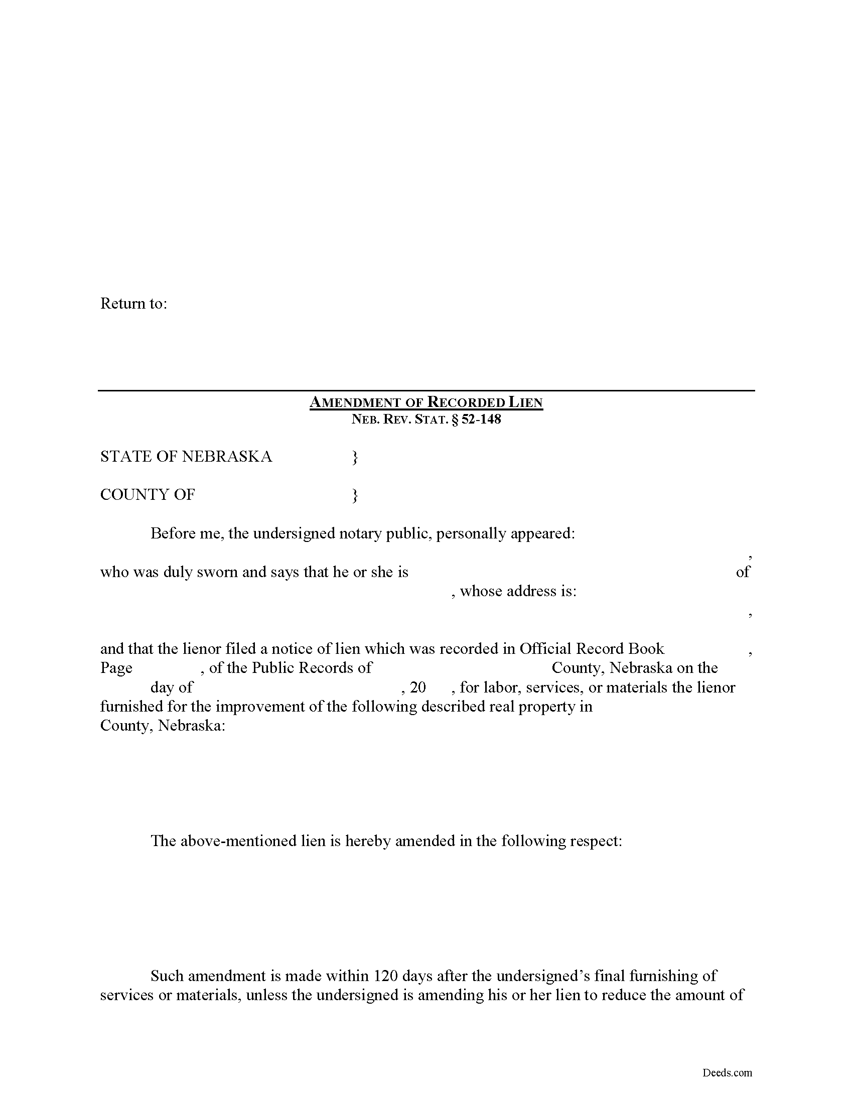 Cuming County Construction Lien Amendment Form
