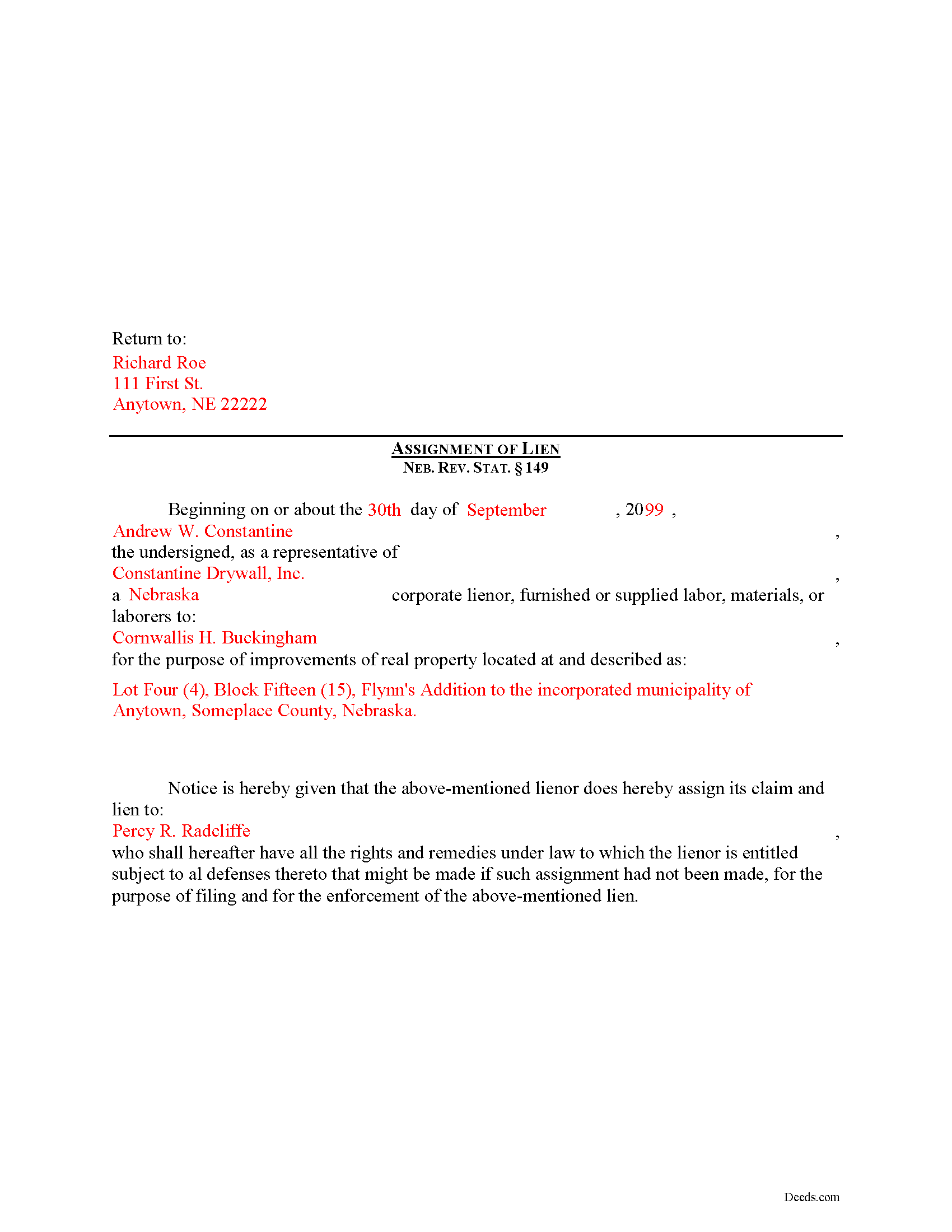 Completed Example of the Construction Lien Assignment Document