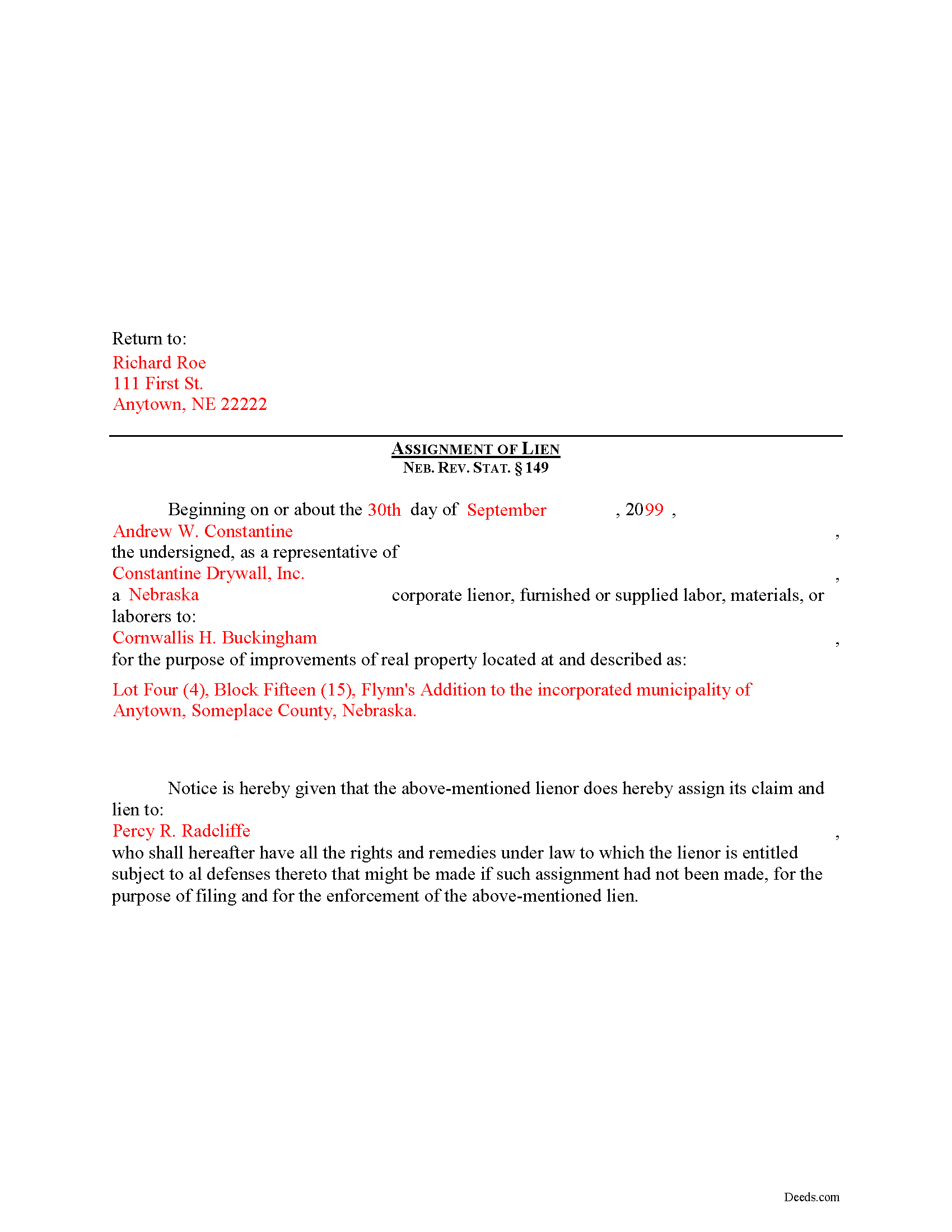 Cuming County Completed Example of the Construction Lien Assignment Document