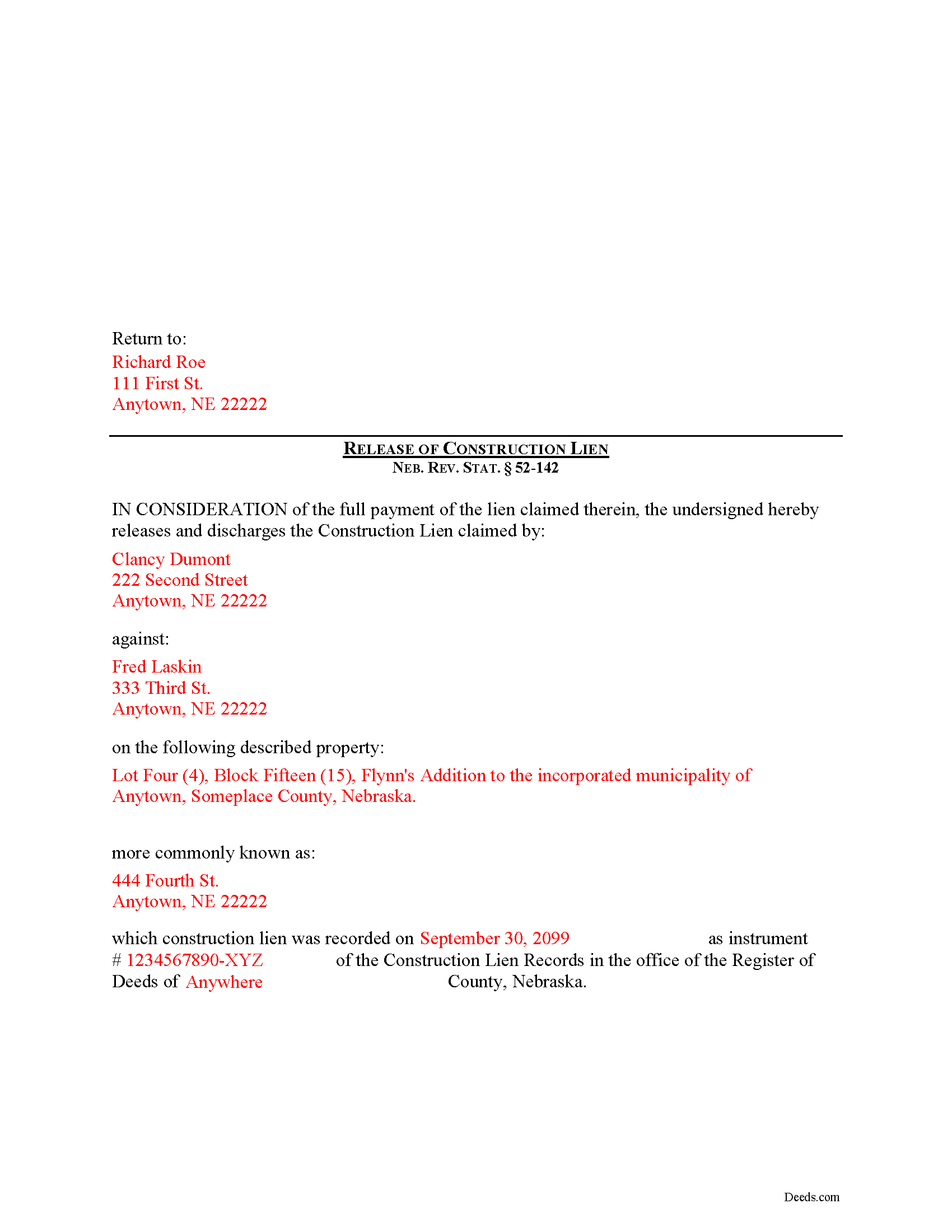 Cuming County Completed Example of the Construction Lien Release Document