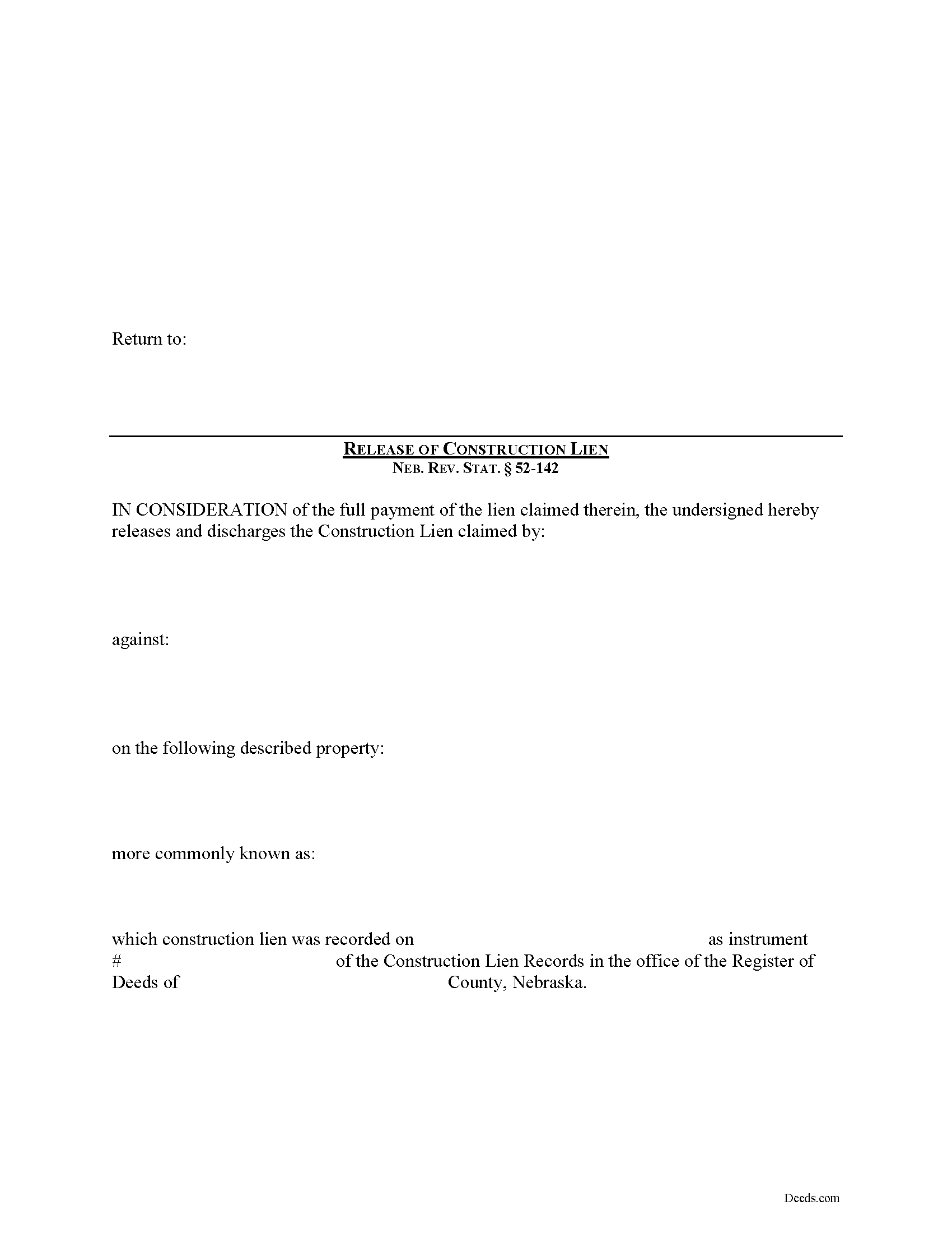 Cuming County Construction Lien Release Form