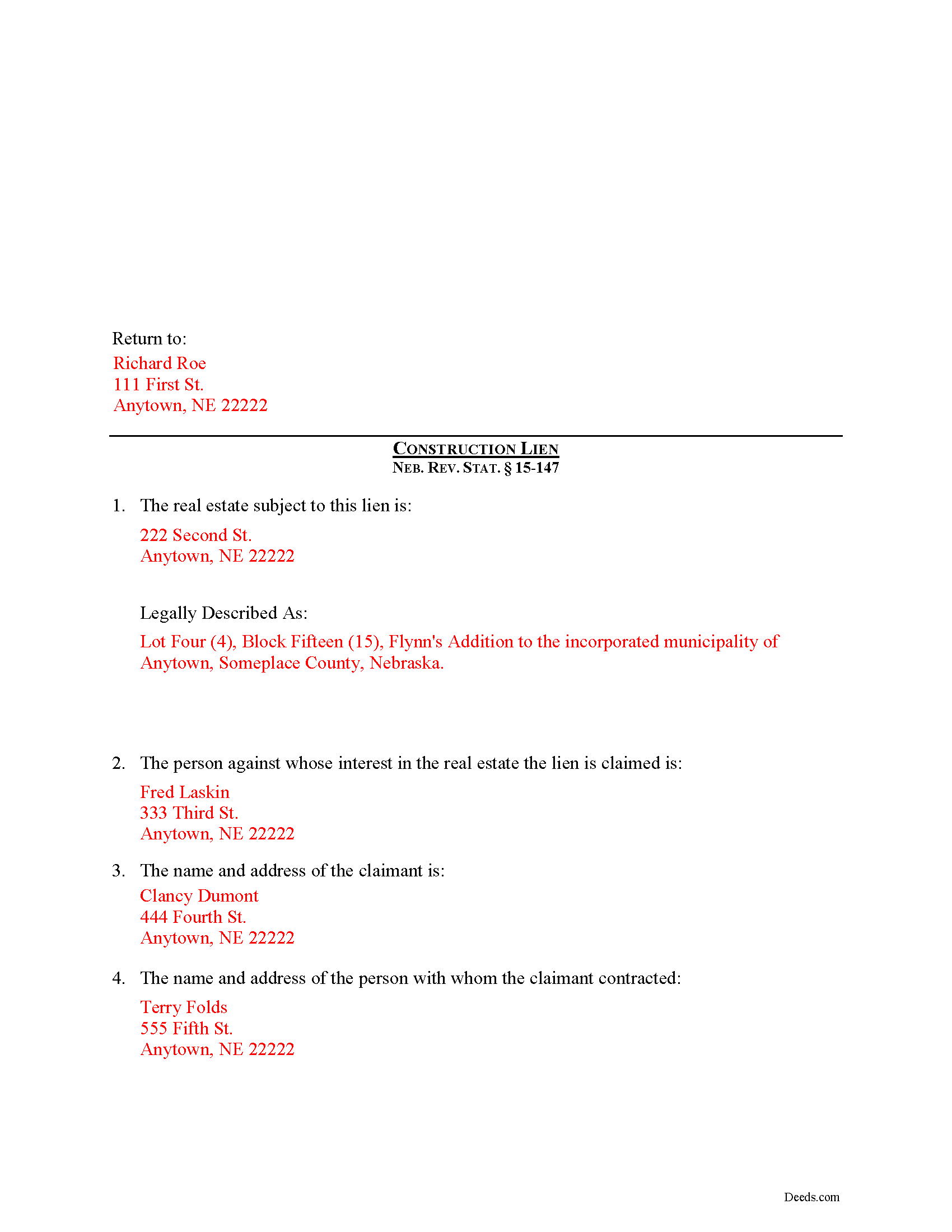 Lancaster County Completed Example of the Construction Lien Document