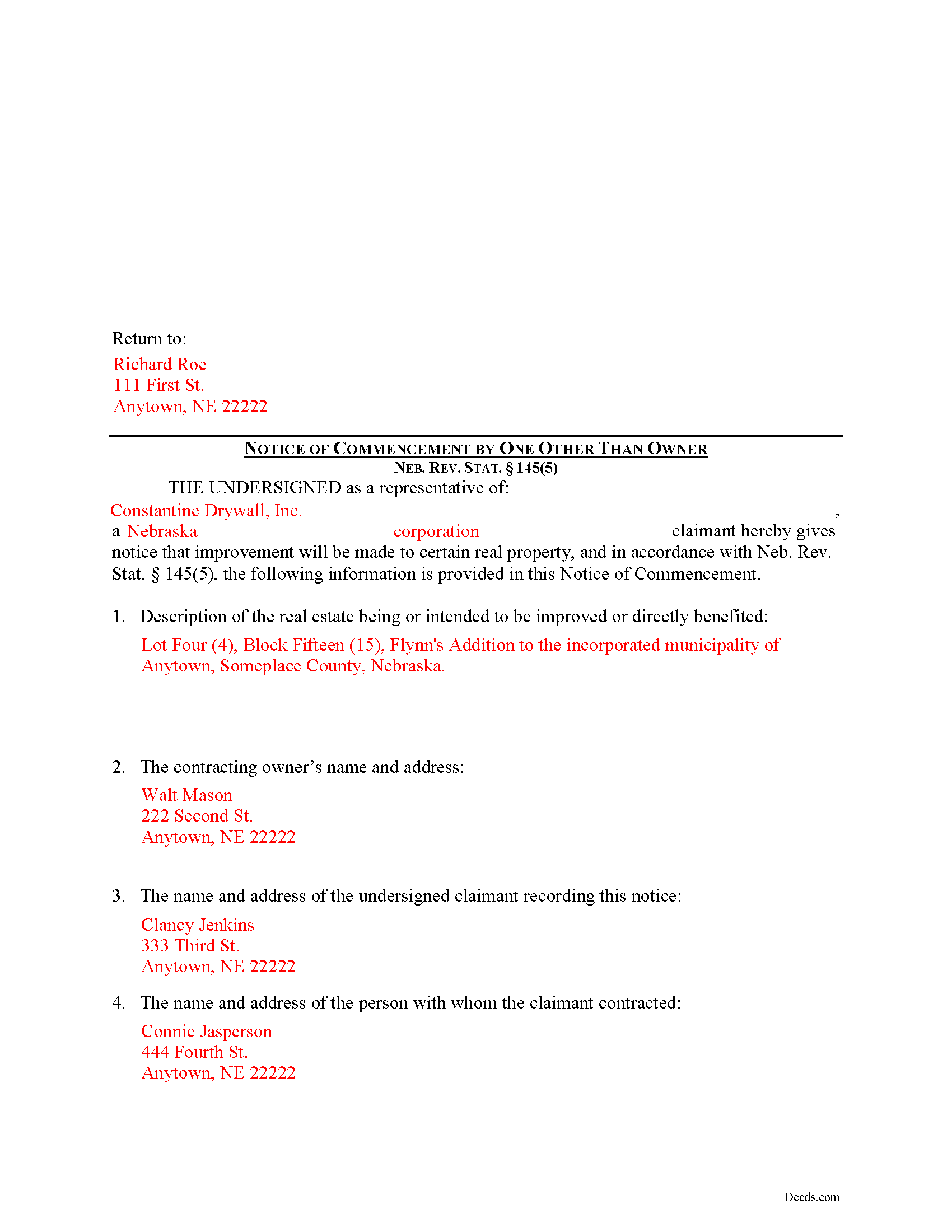 Completed Example of the Notice of Commencement Document