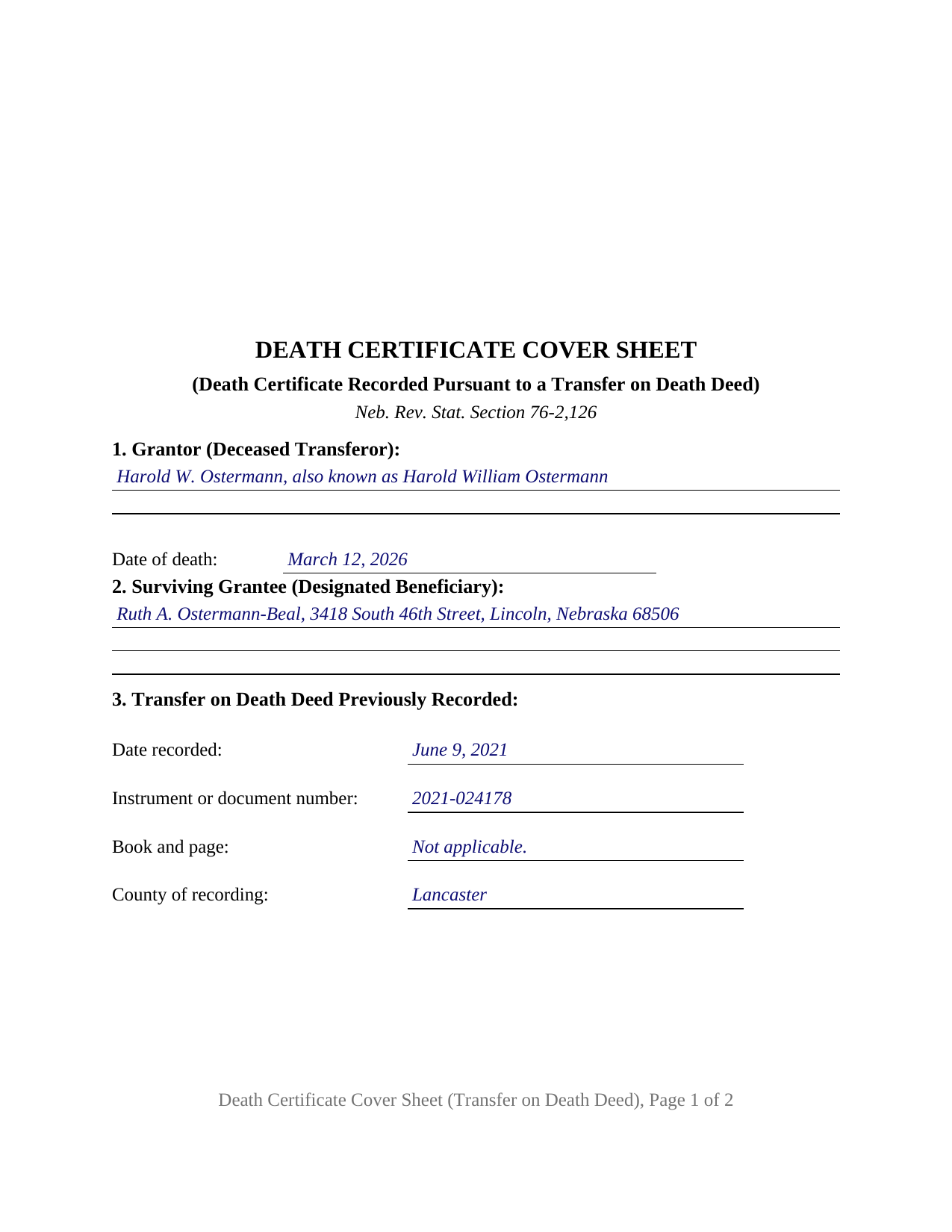 Garden County Completed Example of the Death Certificate Cover Sheet for a Transfer on Death Deed Document