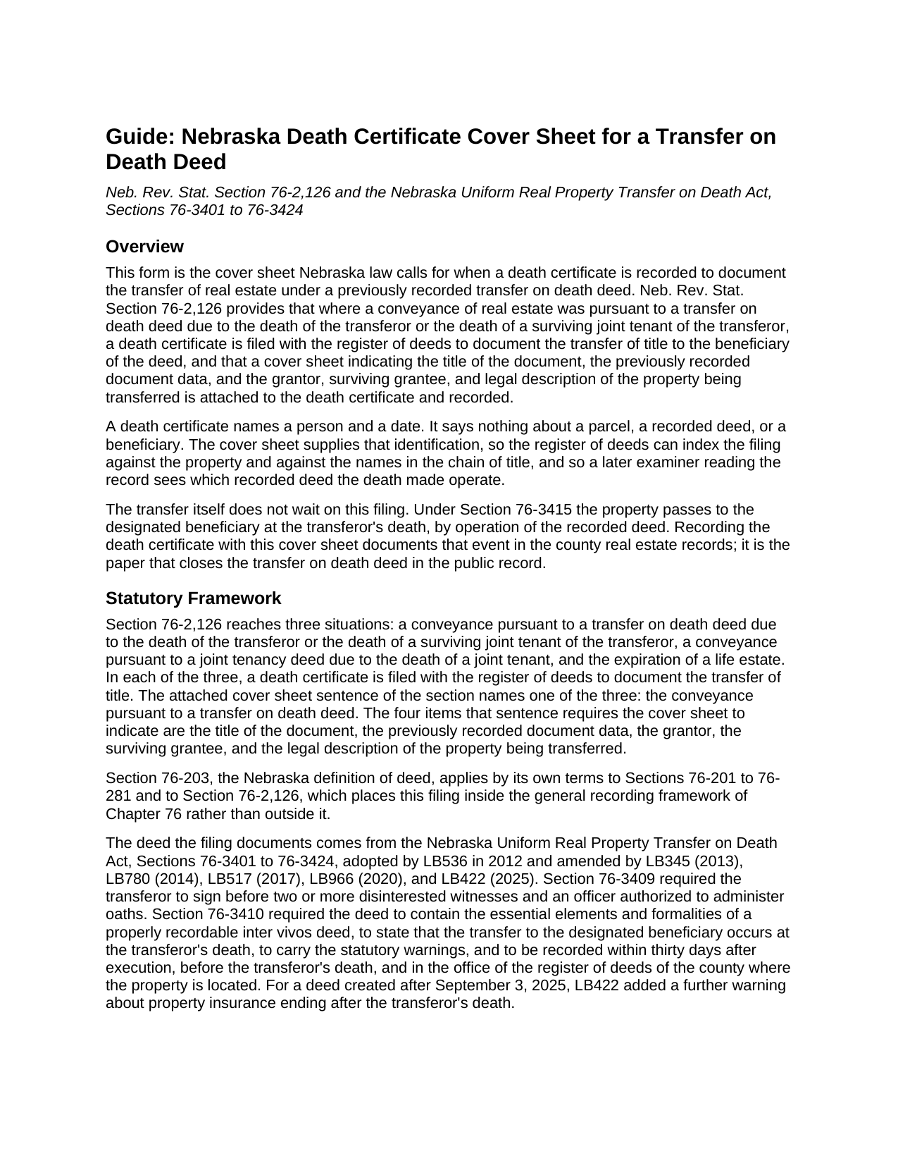 Garden County Death Certificate Cover Sheet for a Transfer on Death Deed Guide