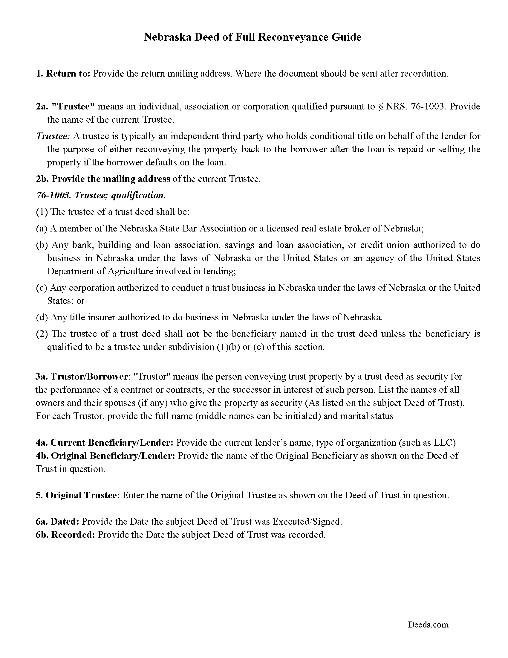 Cuming County Deed of Full Reconveyance Guide