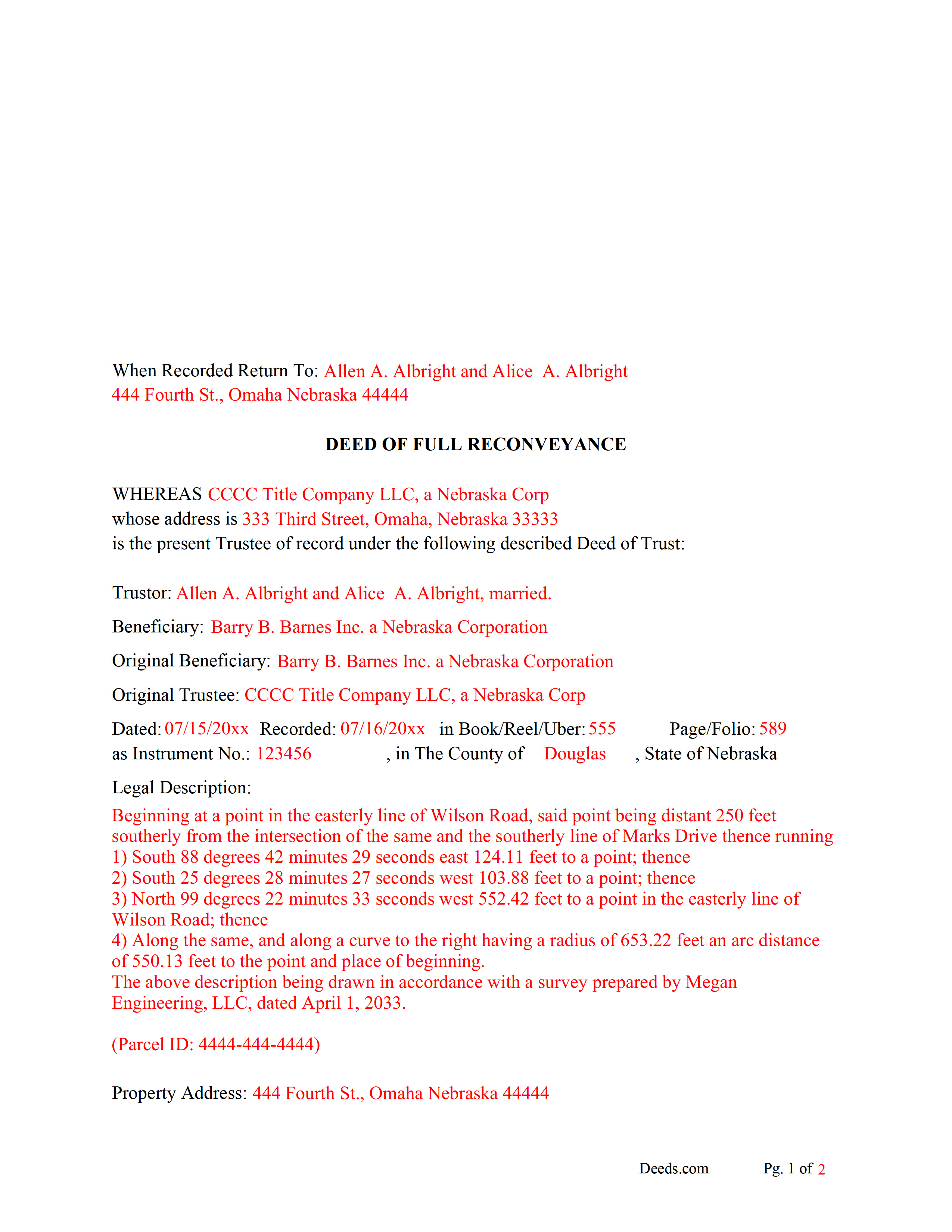 Cuming County Completed Example of the Deed of Full Reconveyance Document