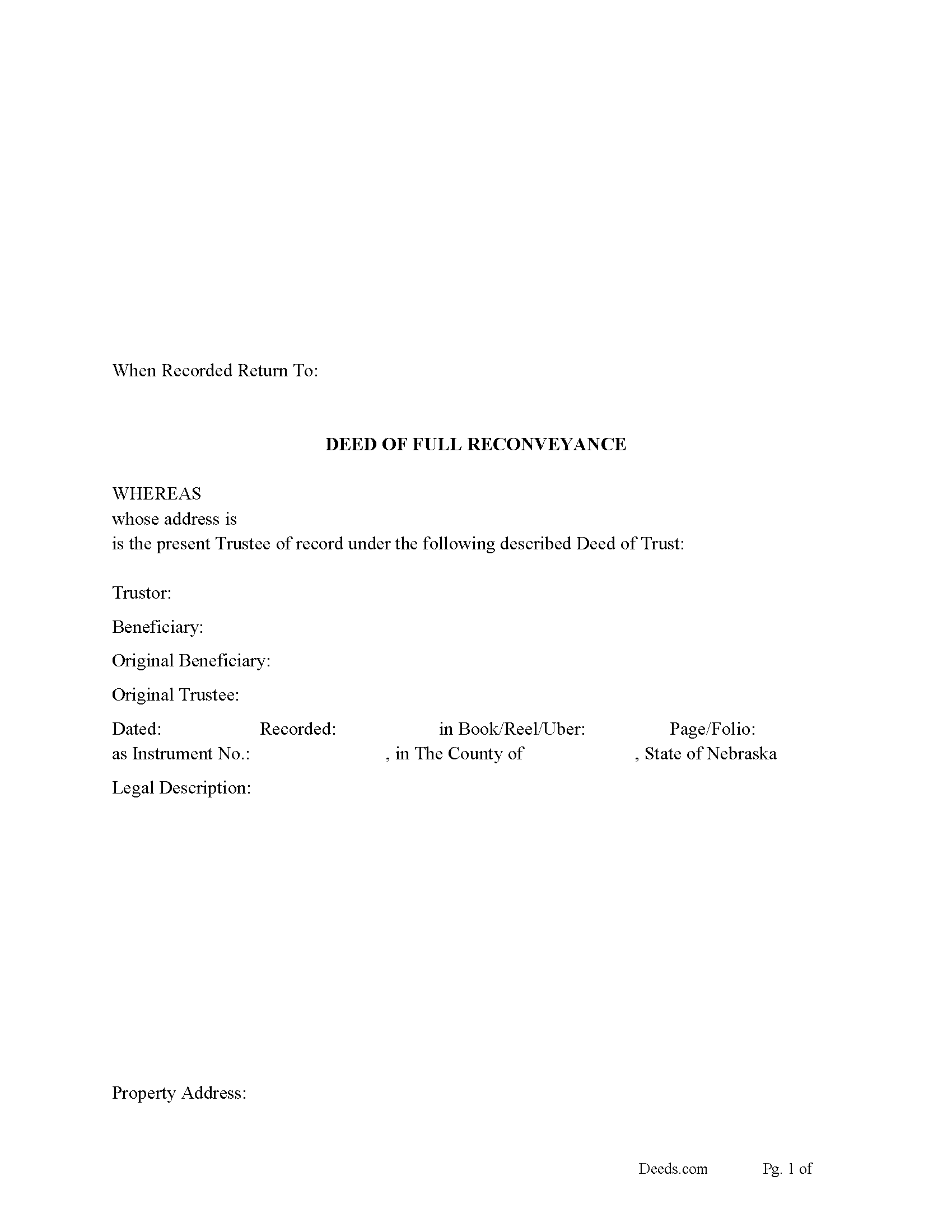 Cuming County Deed of Full Reconveyance Form