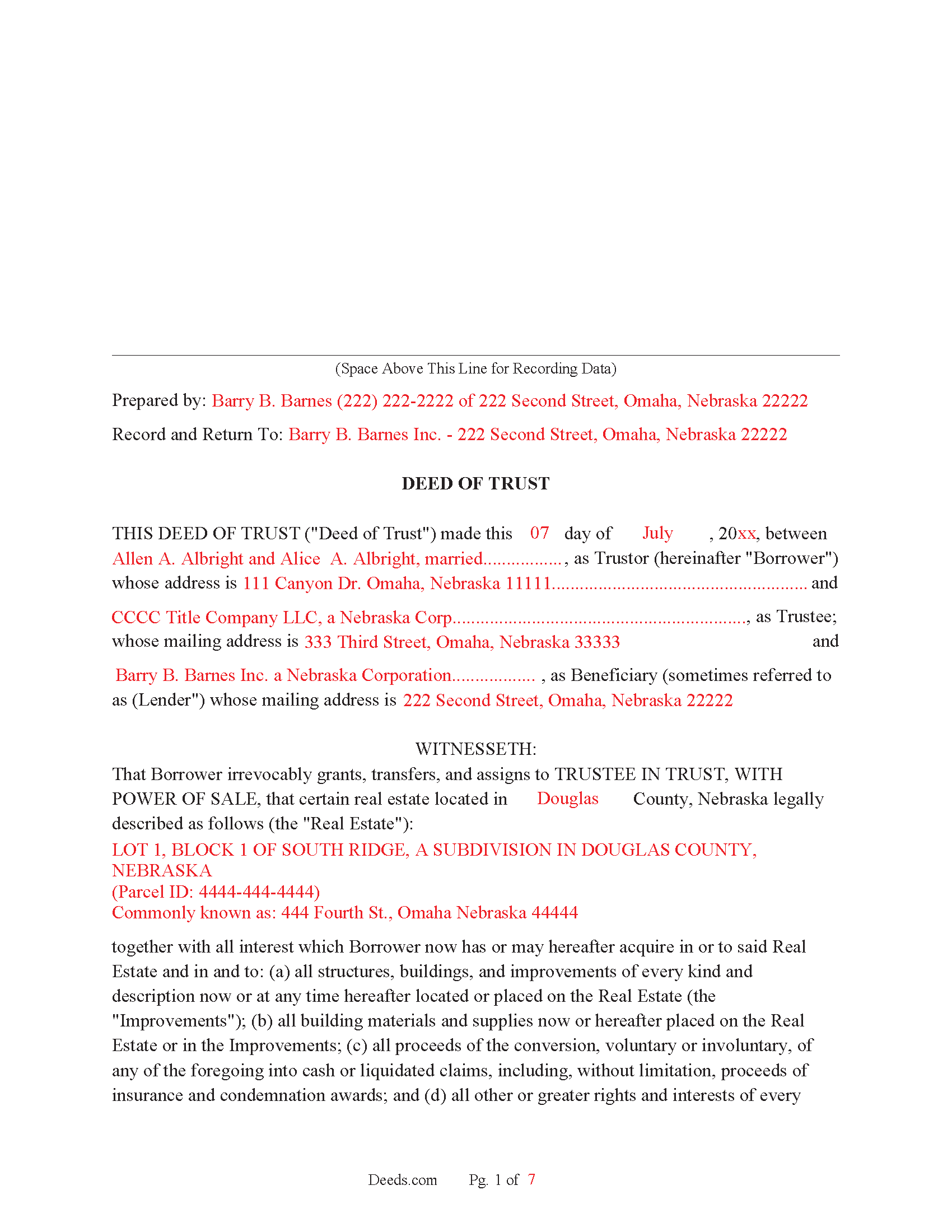 Saunders County Completed Example of the Deed of Trust Document