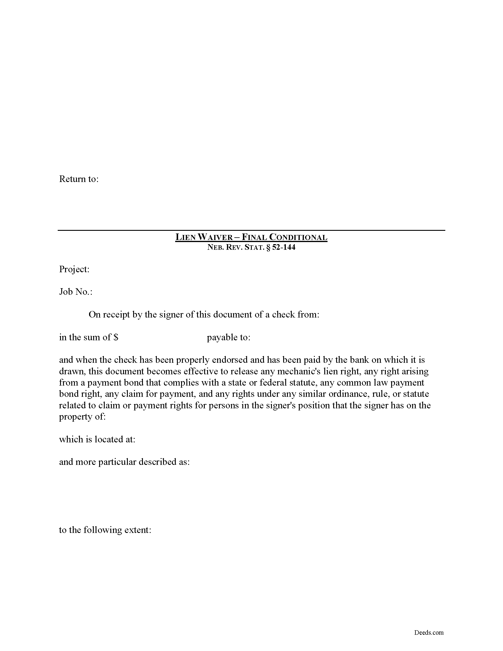 Otoe County Final Conditional Lien Waiver Form
