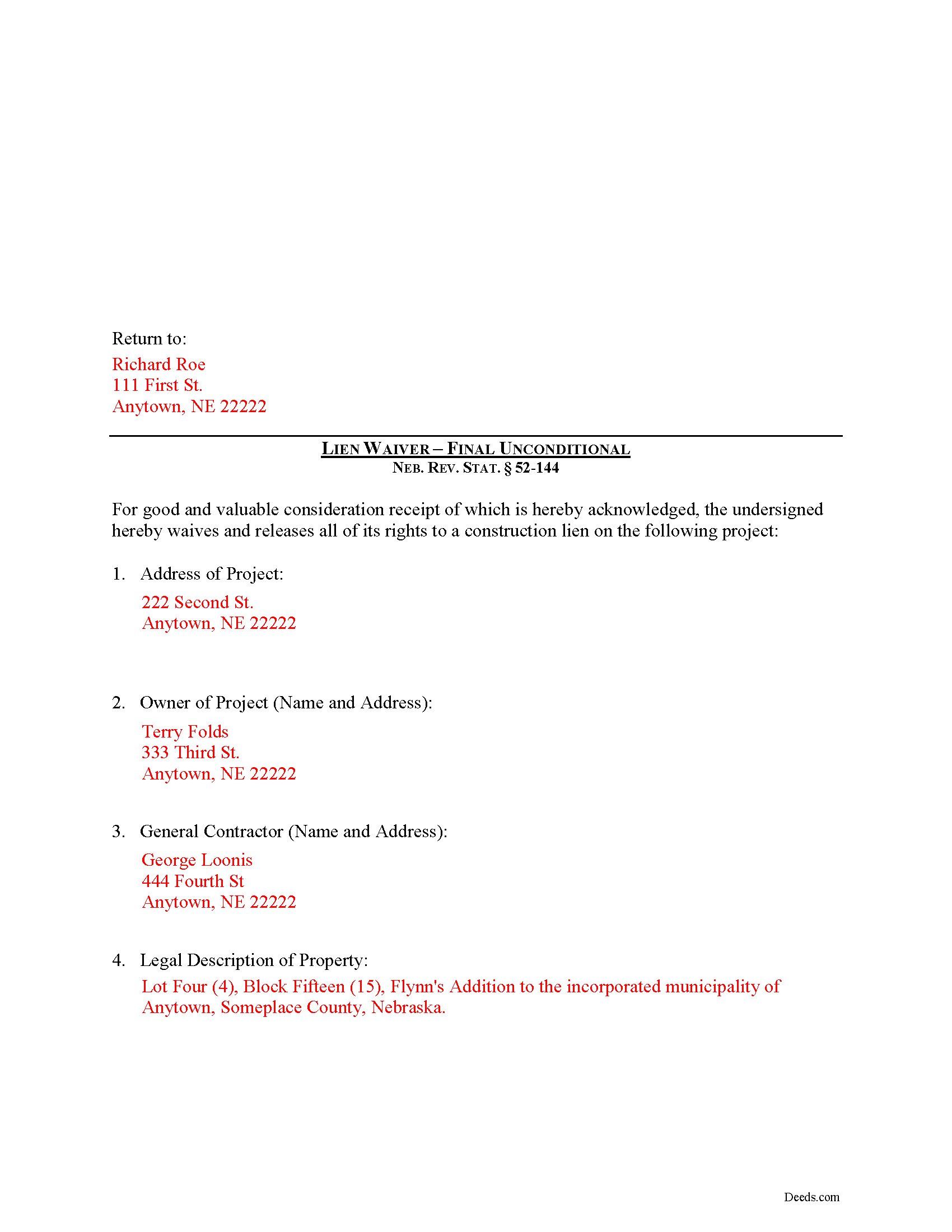 Dundy County Completed Example of the Final Unconditional Lien Waiver Document