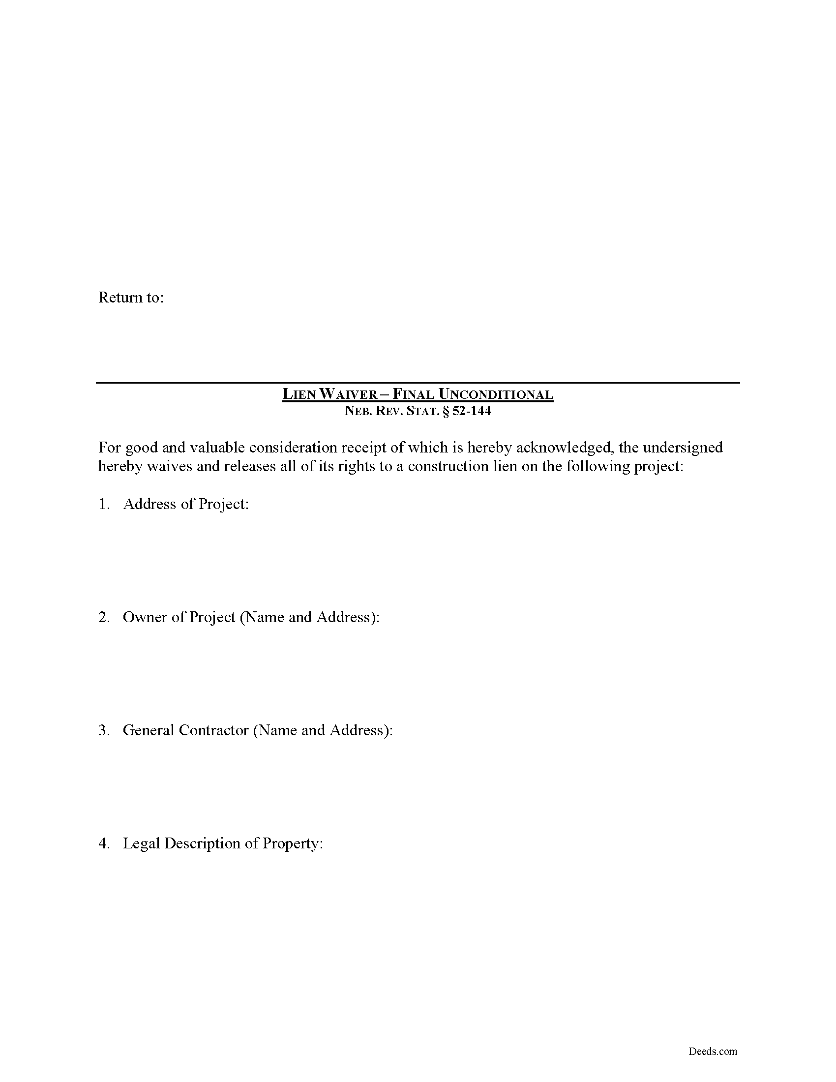 Seward County Final Unconditional Lien Waiver Form Nebraska
