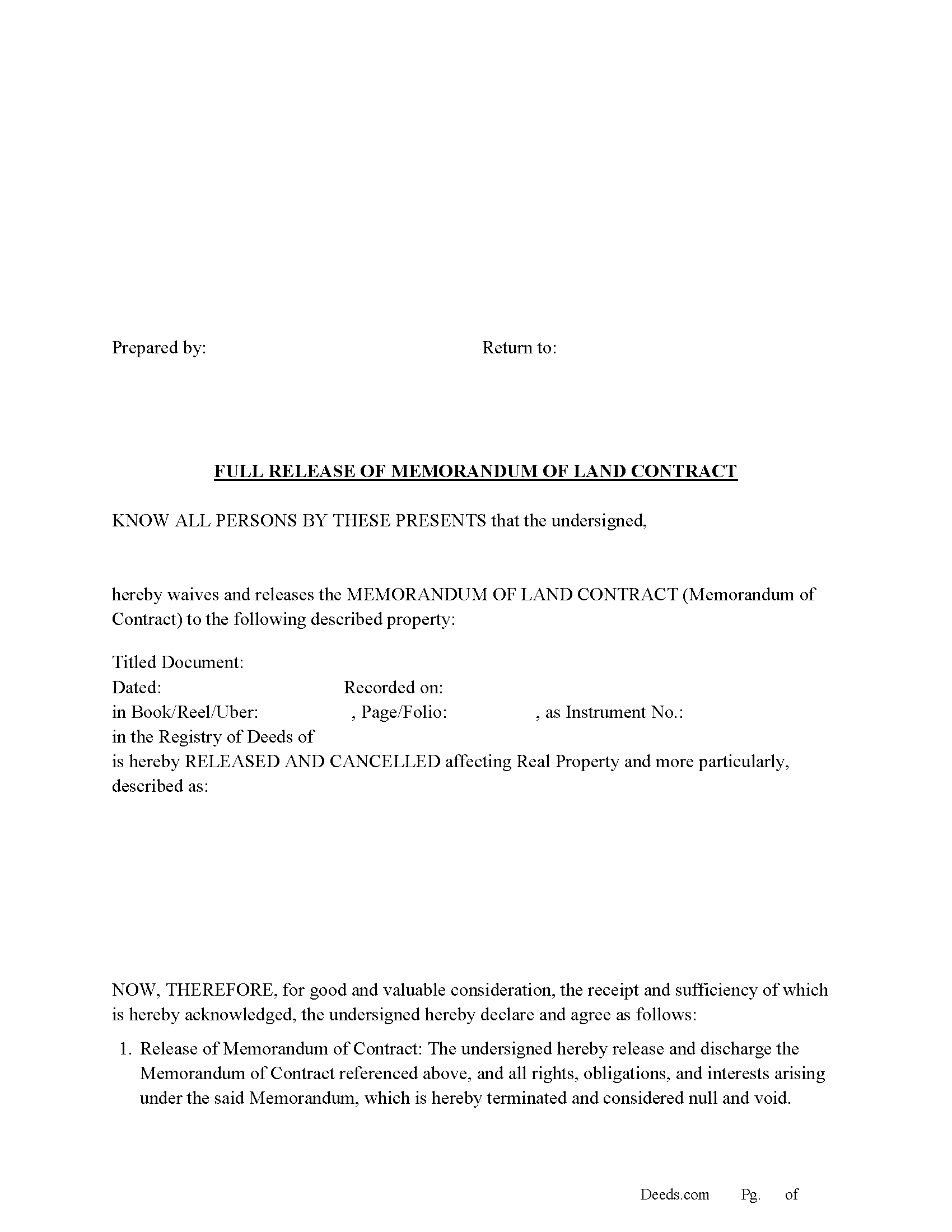 Garden County Full Release of Memorandum of Land Contract Form