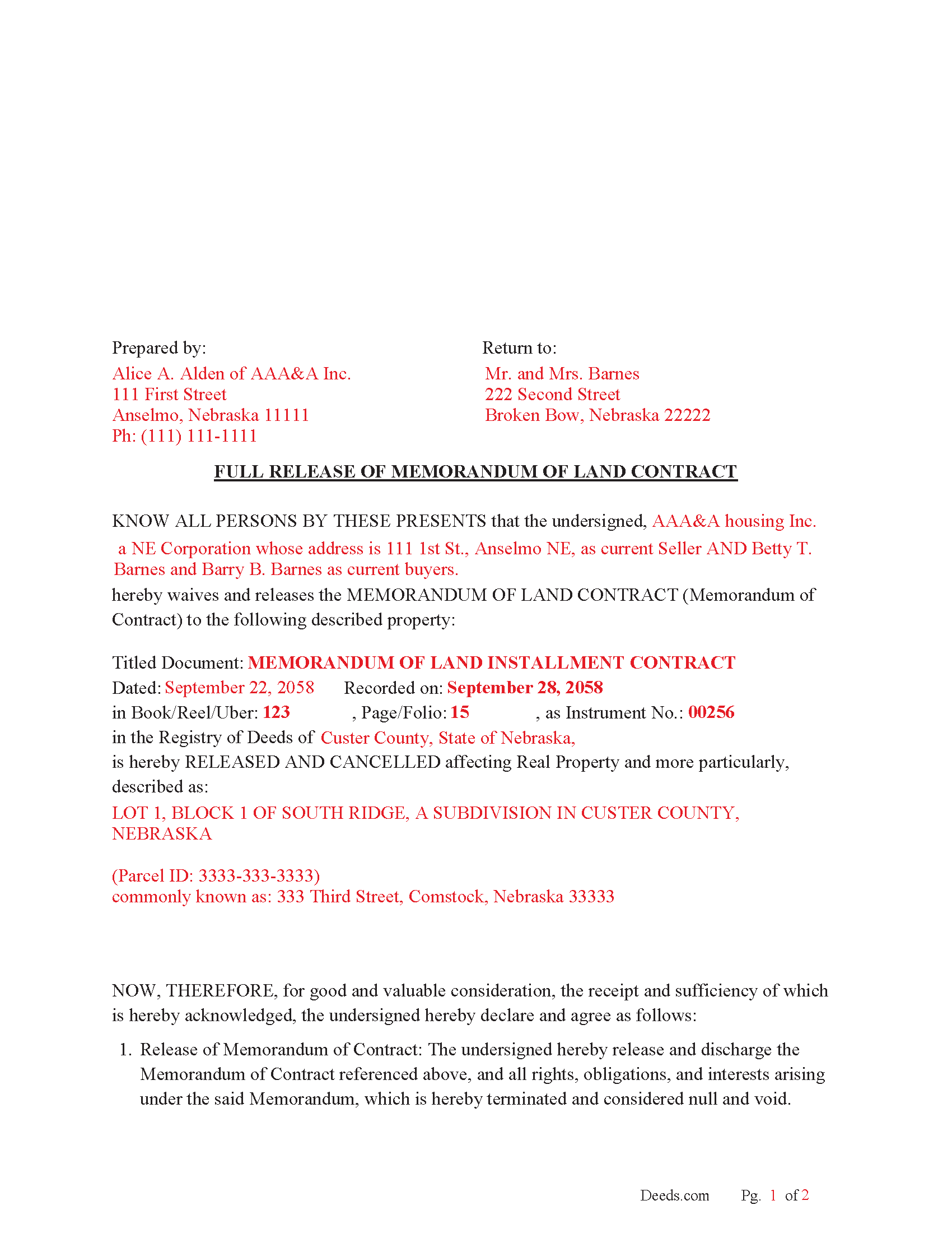 Garden County Completed Example of the Full Release of Memorandum of Land Contract Document