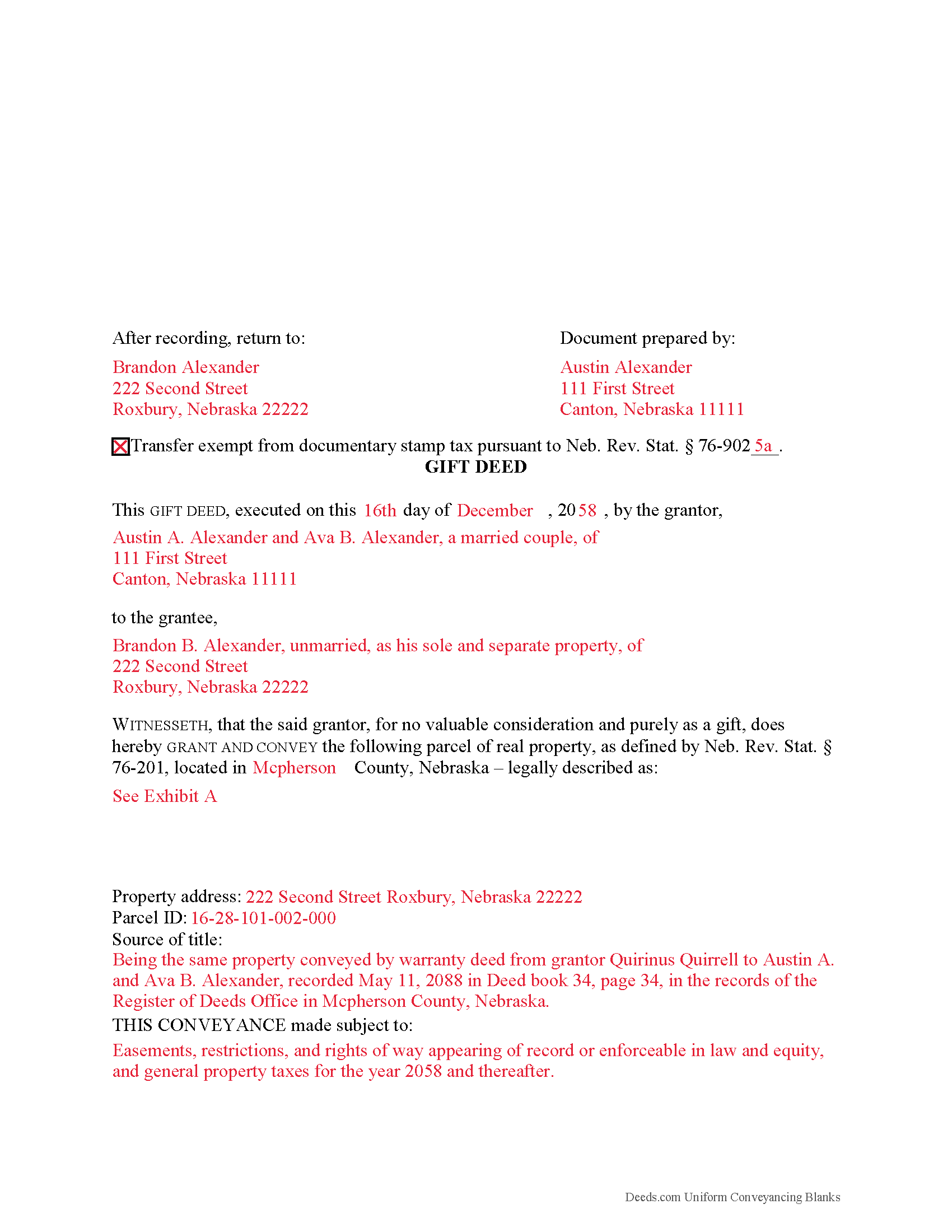 Saunders County Completed Example of the Gift Deed Document