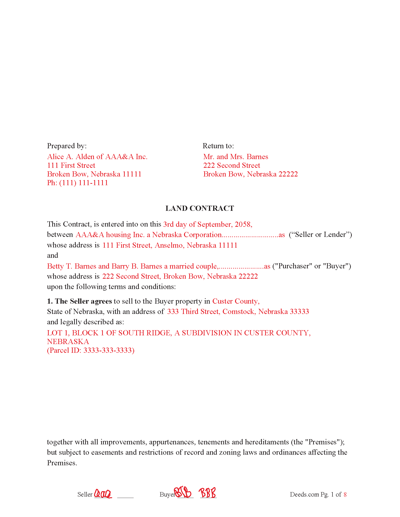 Cuming County Completed Example of the Land Contract Document