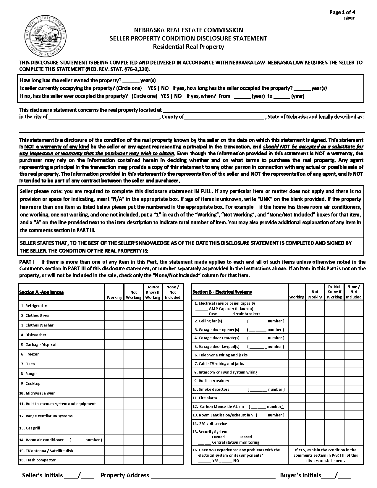 Cuming County Residential Sellers Property Disclosure Statement