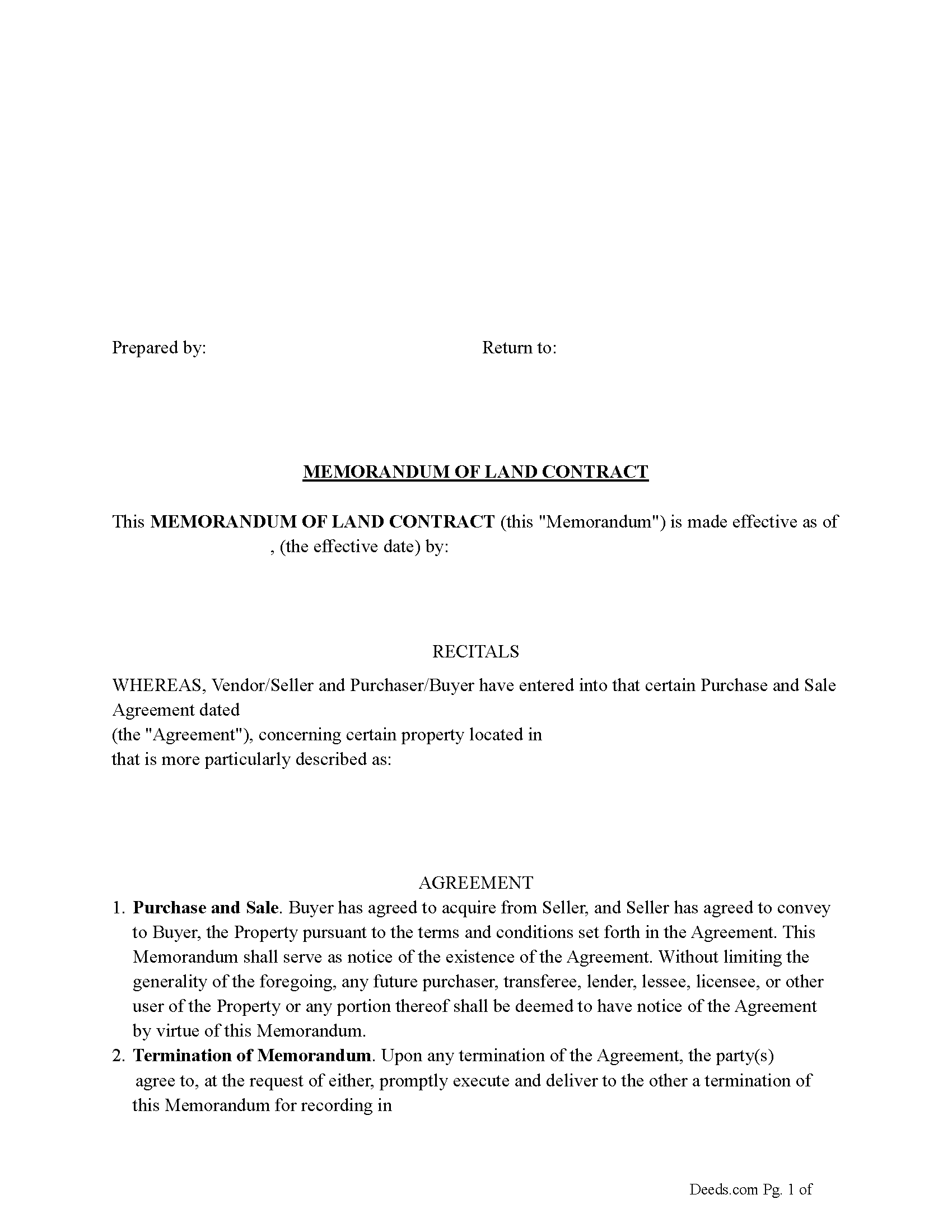 Cuming County Memorandum of Land Contract Form
