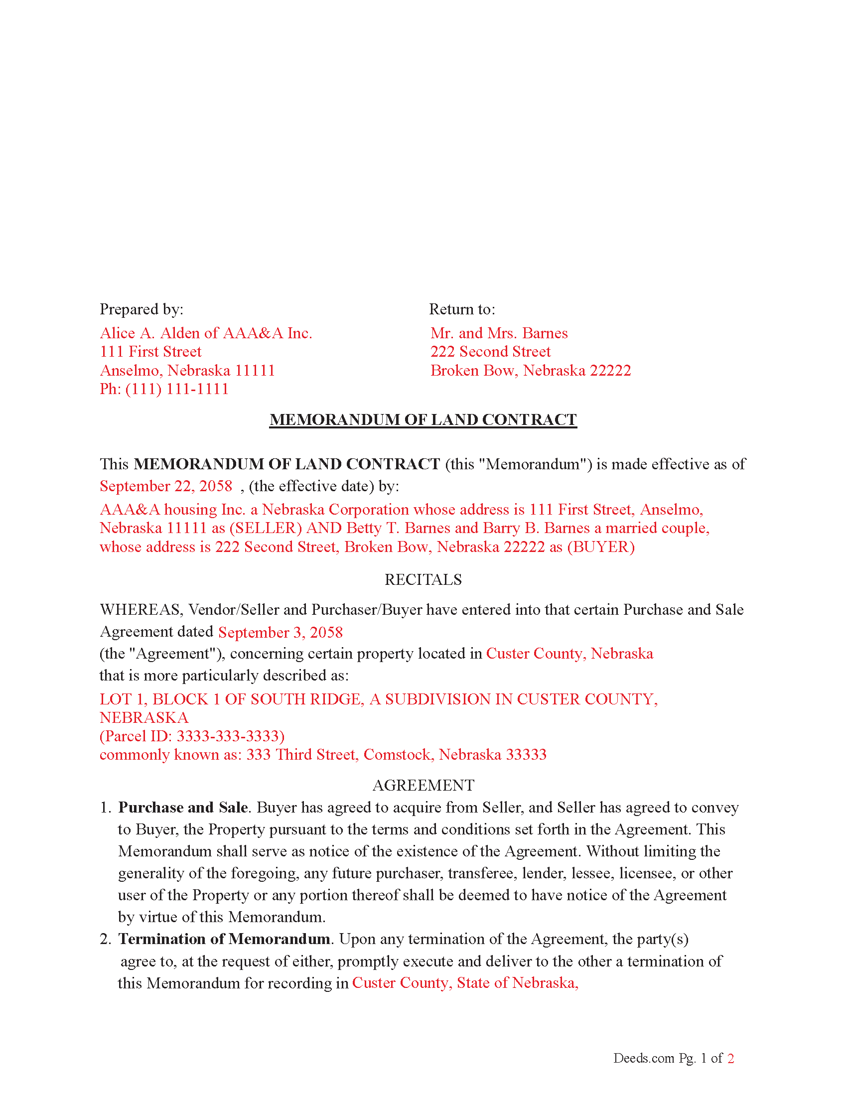 Cuming County Completed Example of the Memorandum of Land Contract Document