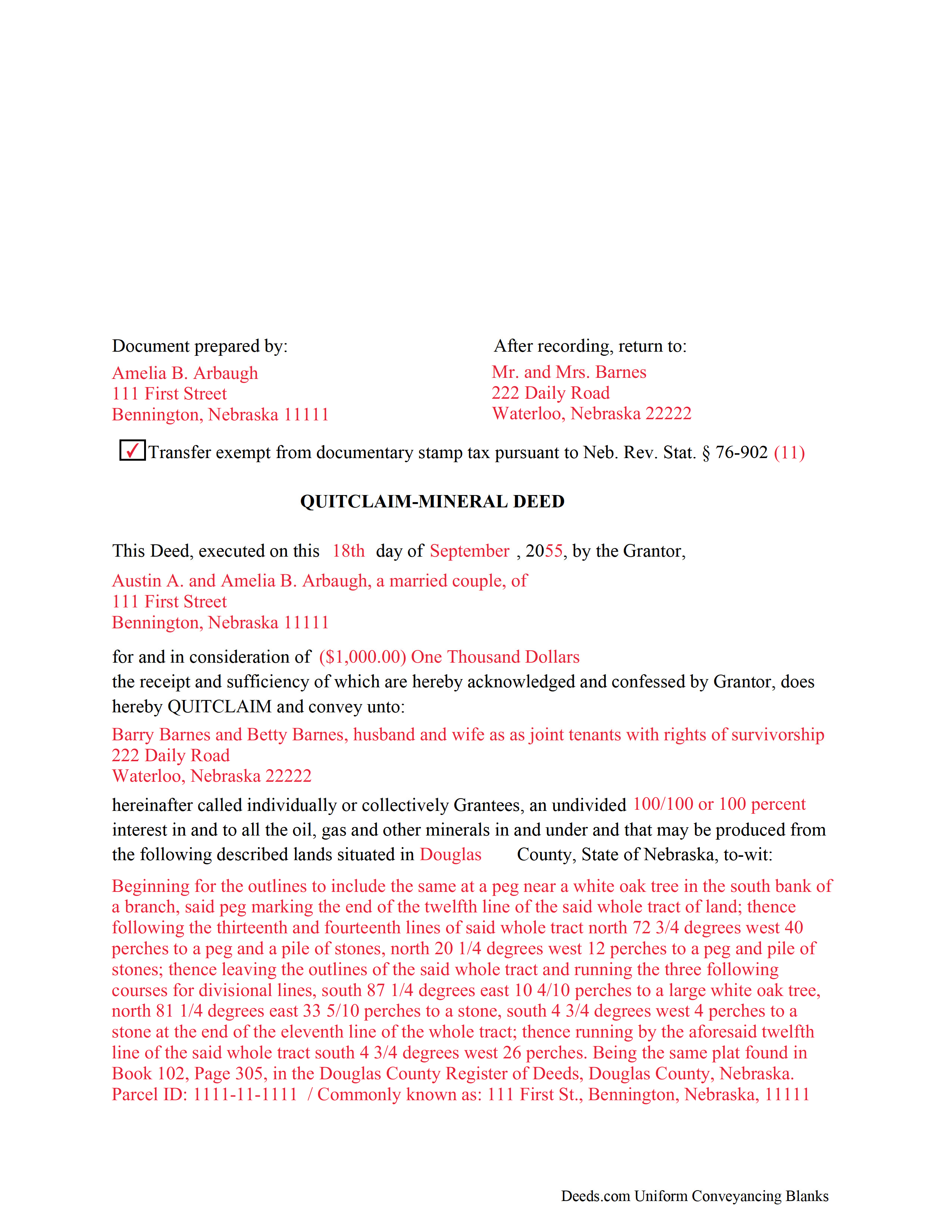Dundy County Completed Example of the Mineral Deed with Quitclaim Document