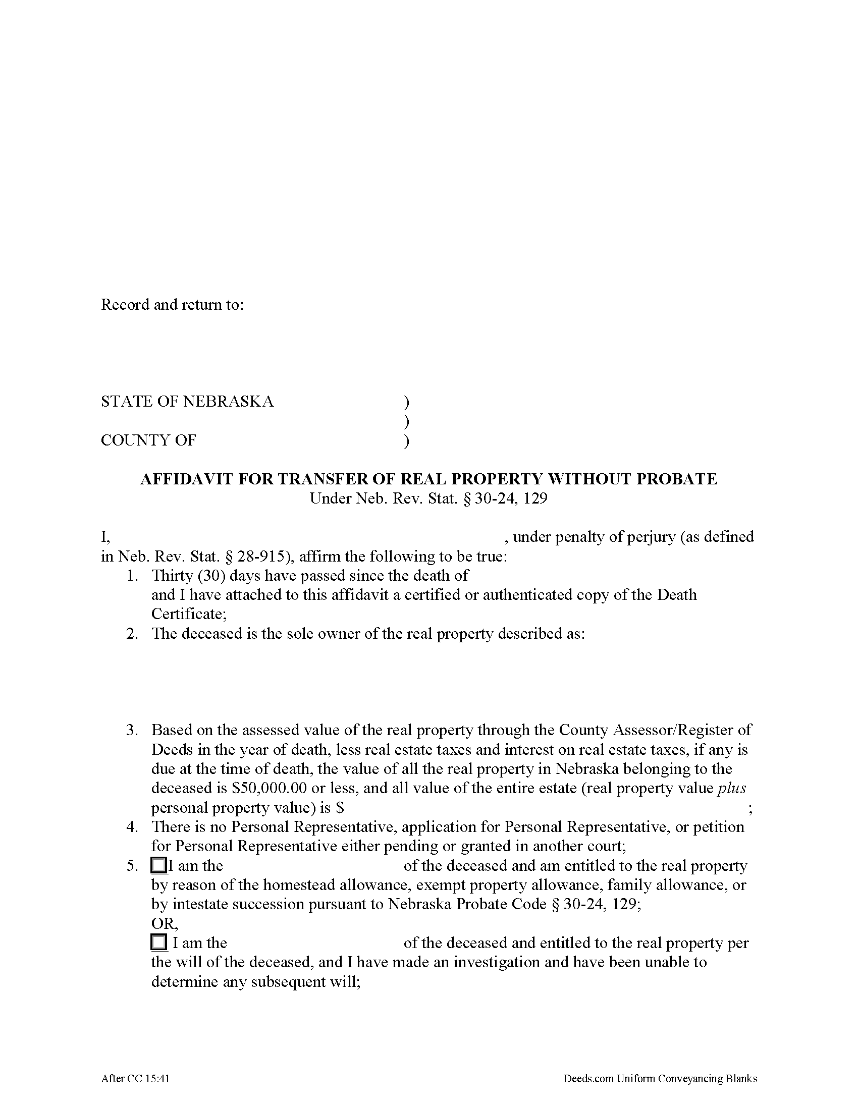 Nebraska Affidavit for Transfer of Real Property without Probate Image