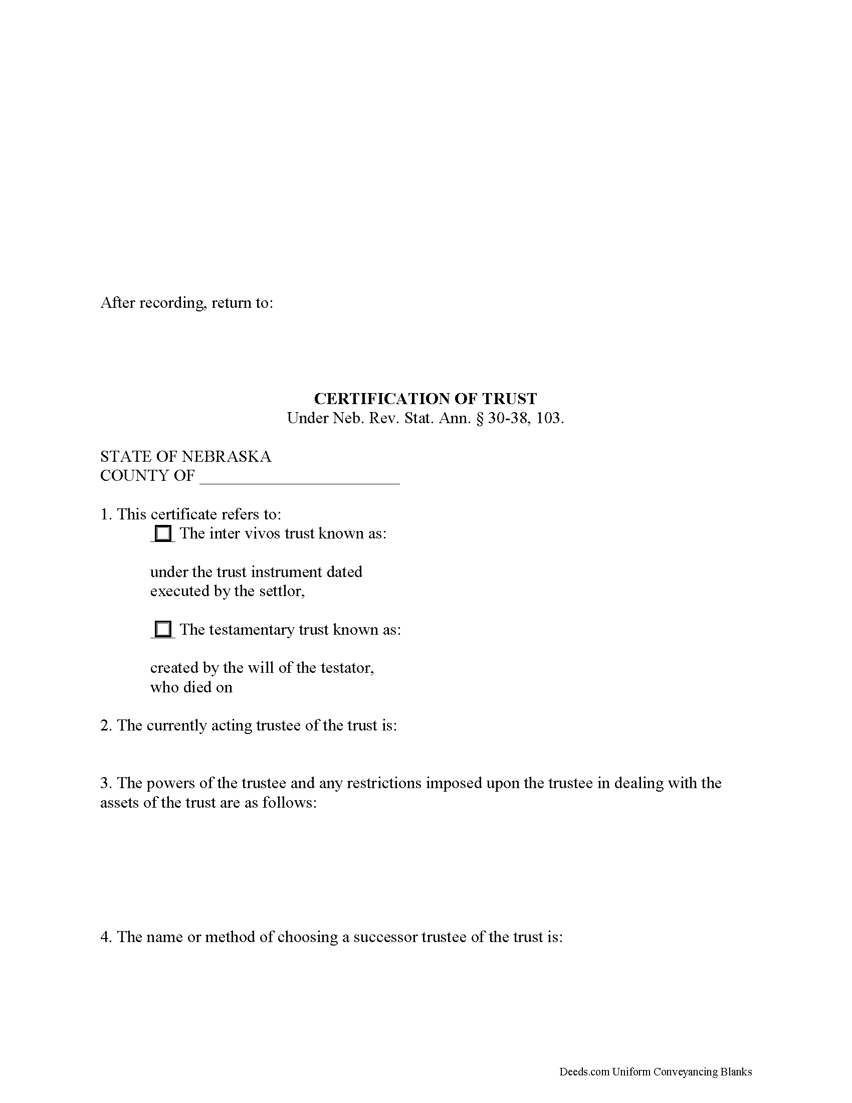 Nebraska Certificate of Trust Image