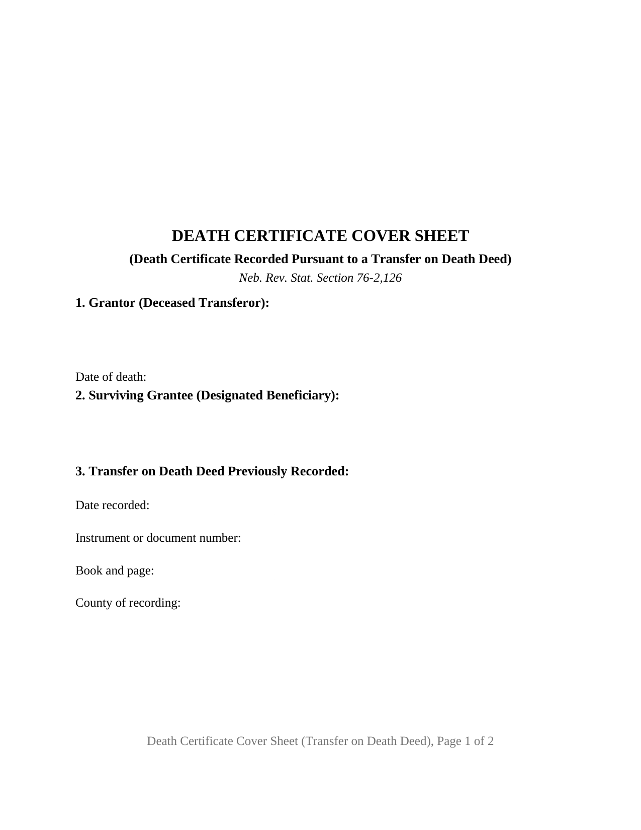 Nebraska Death Certificate Cover Sheet for a Transfer on Death Deed