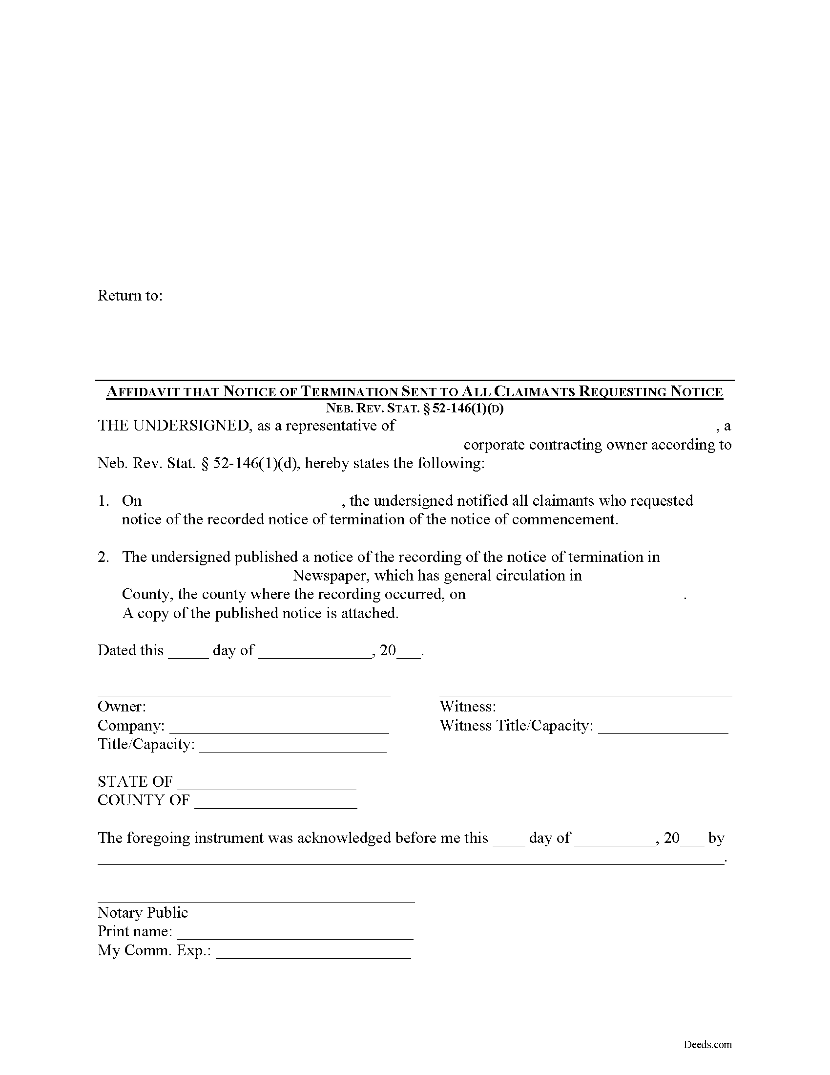 Nebraska Notice of Termination Affidavit Image