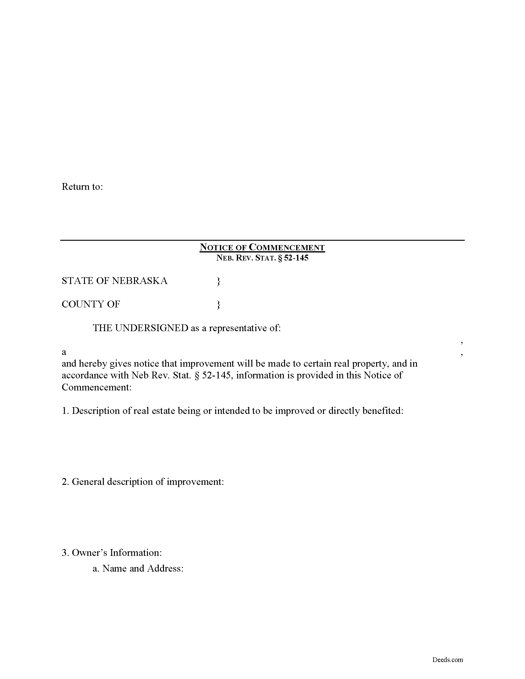 Nebraska Owner Notice of Commencement Image