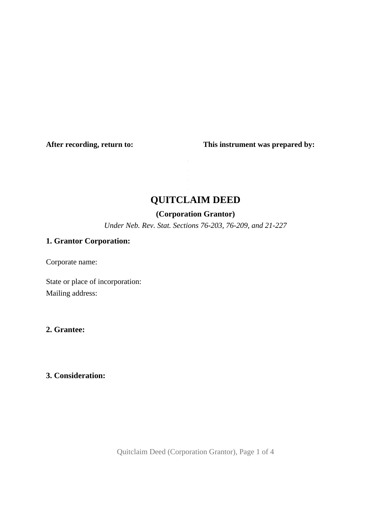 Nebraska Quitclaim Deed (Corporation Grantor)