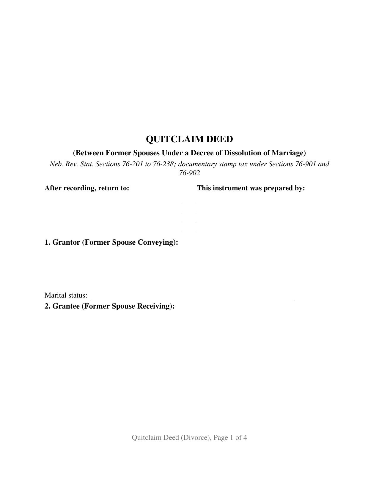 Nebraska Quitclaim Deed (Divorce)