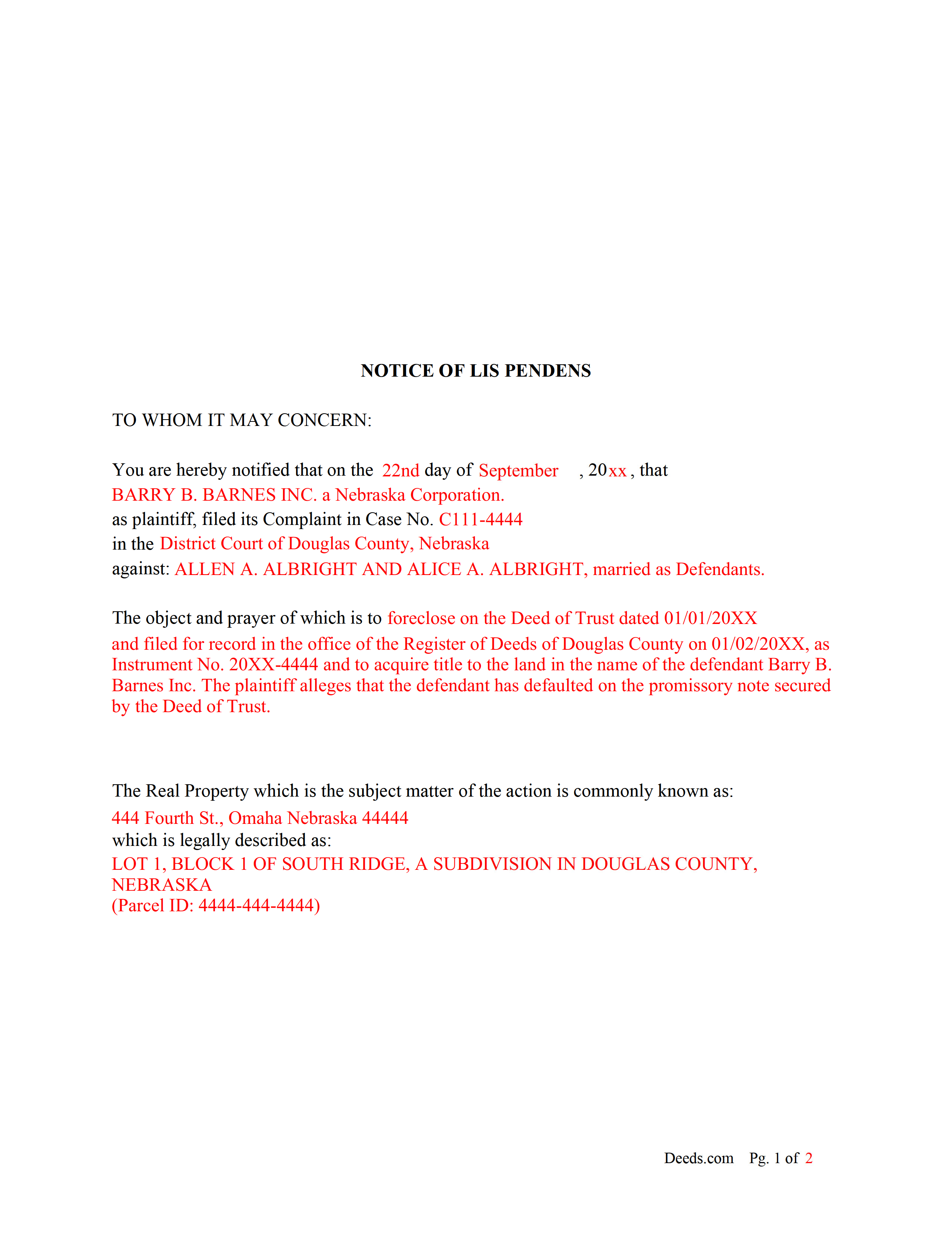 Completed Example of the Notice of Lis Pendens Document