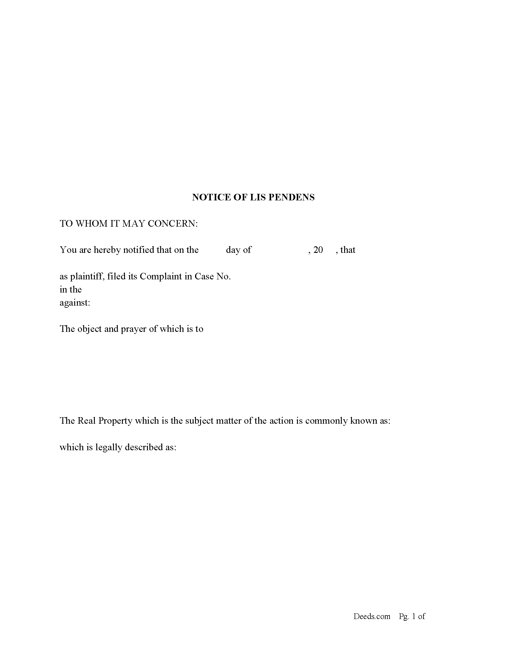 Notice of Lis Pendens Form