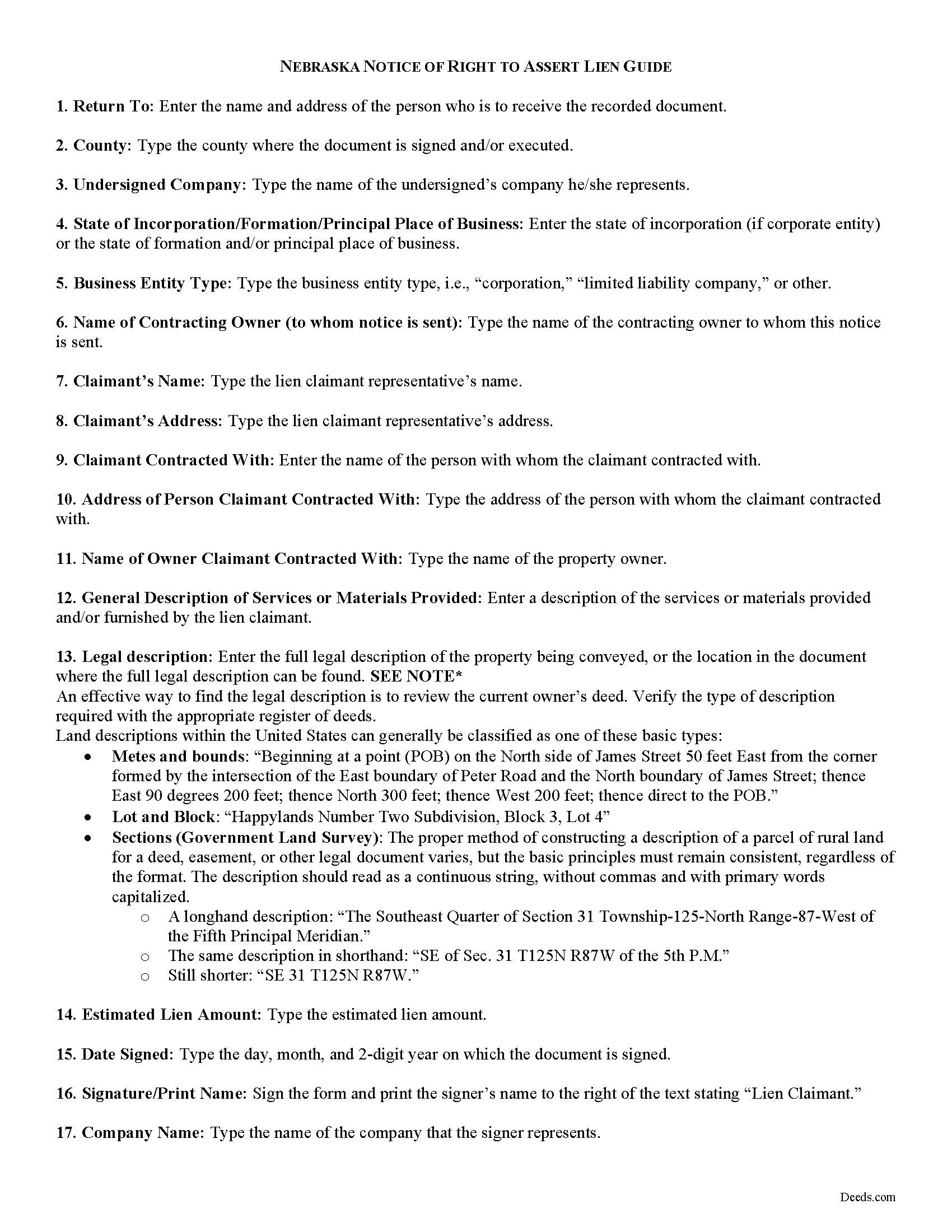 Otoe County Notice of Right to Assert Lien Guide