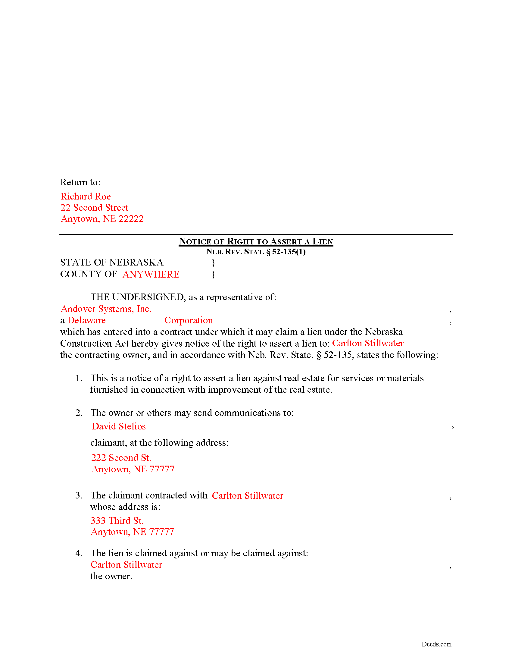 Otoe County Completed Example of the Notice of Right to Assert Lien Document
