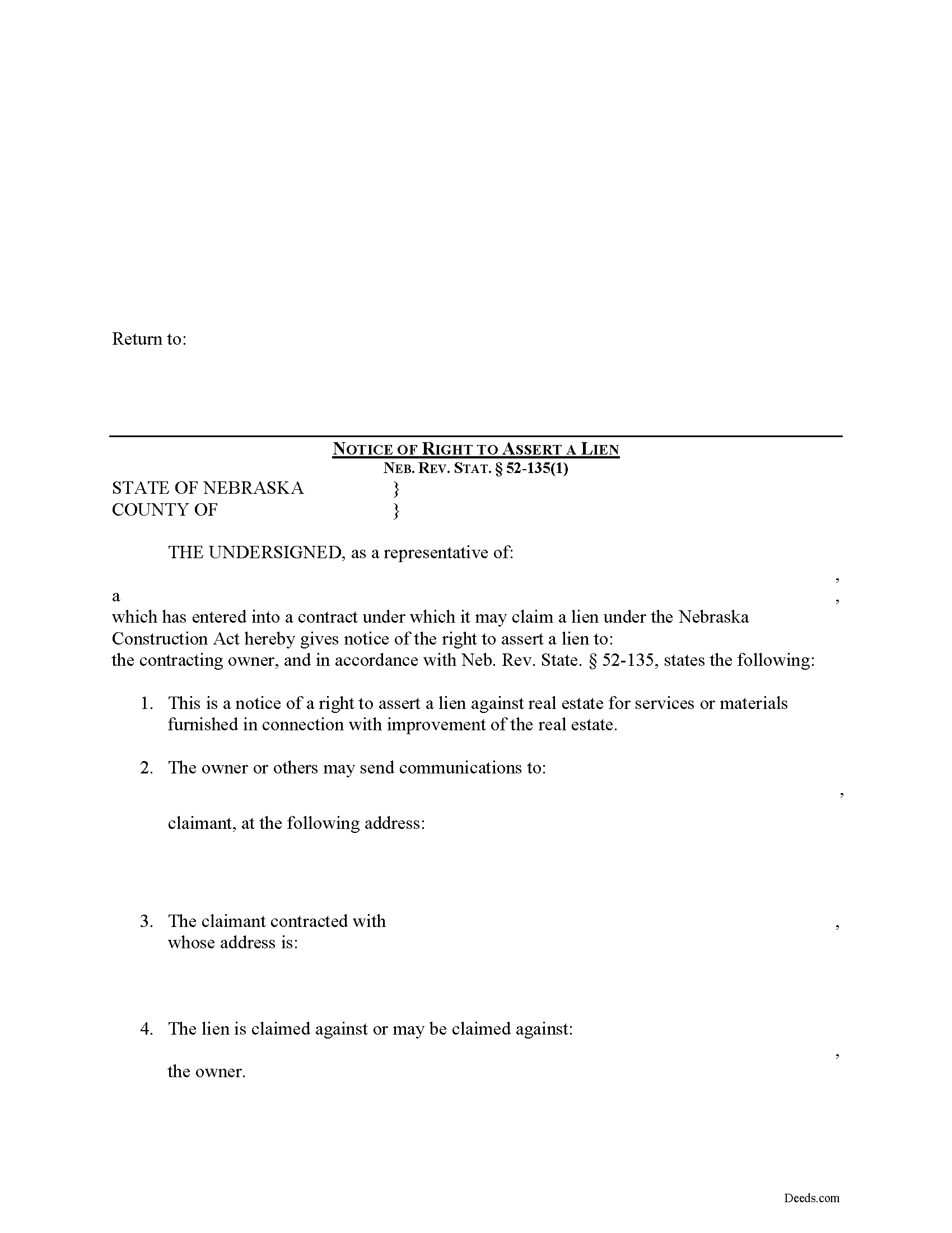 Otoe County Notice of Right to Assert a Lien Form